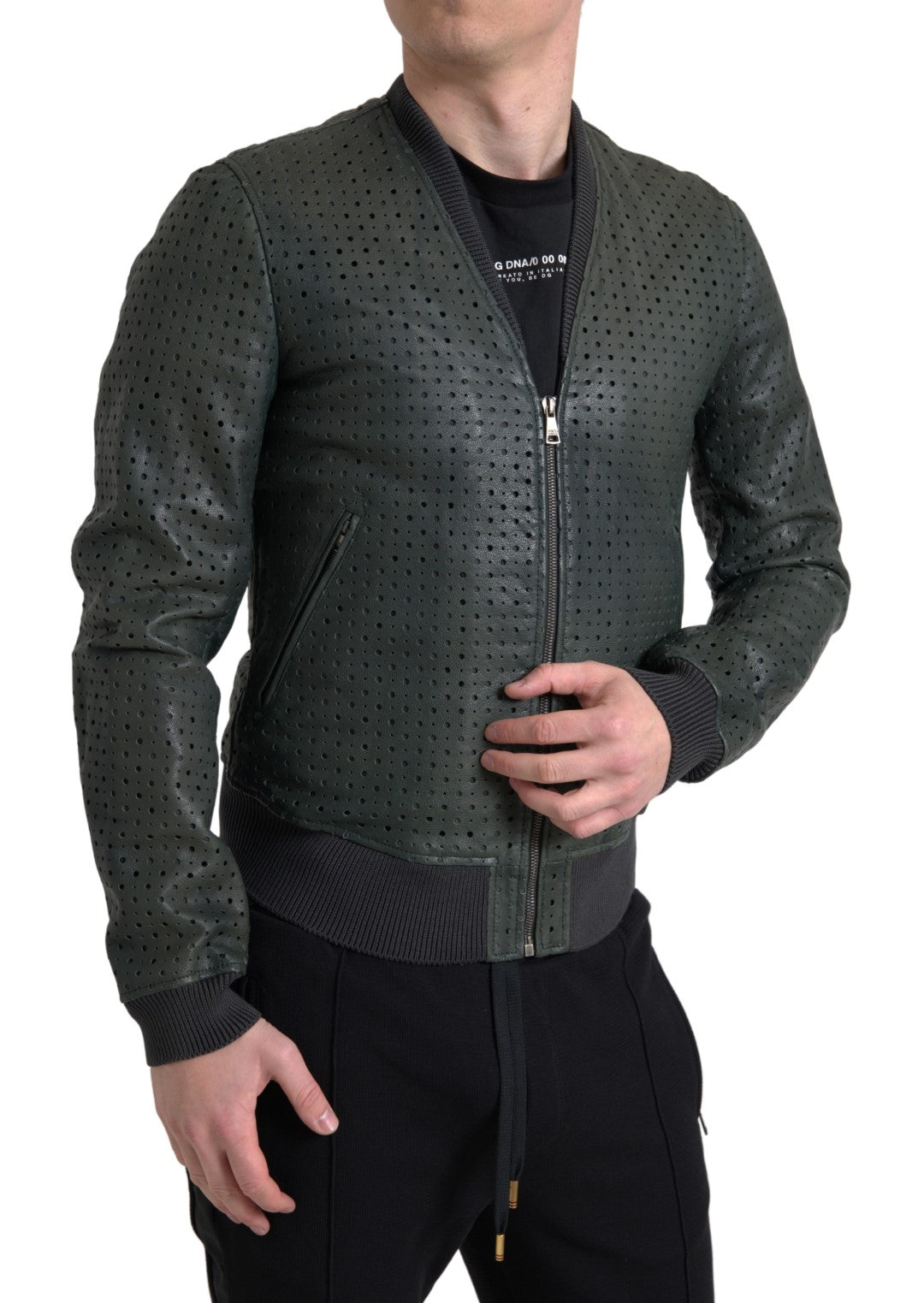 Green Perforated Leather Bomber Jacket - ventzia