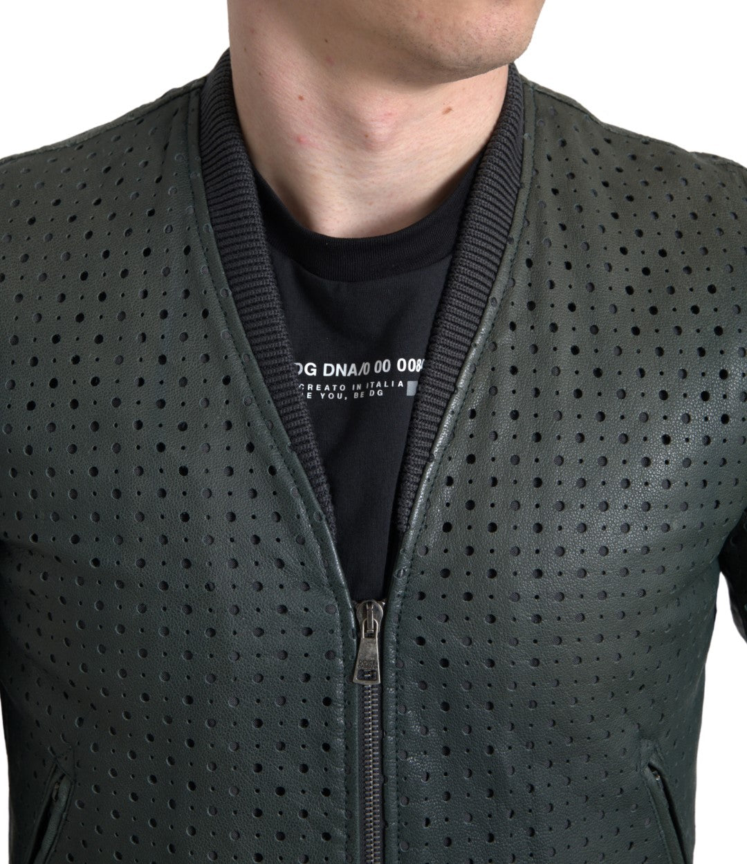 Green Perforated Leather Bomber Jacket - ventzia