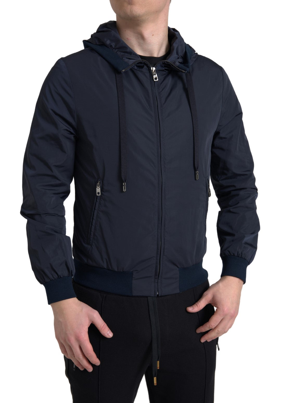 Blue Hooded Logo Polyester Full Zip Sweater - ventzia