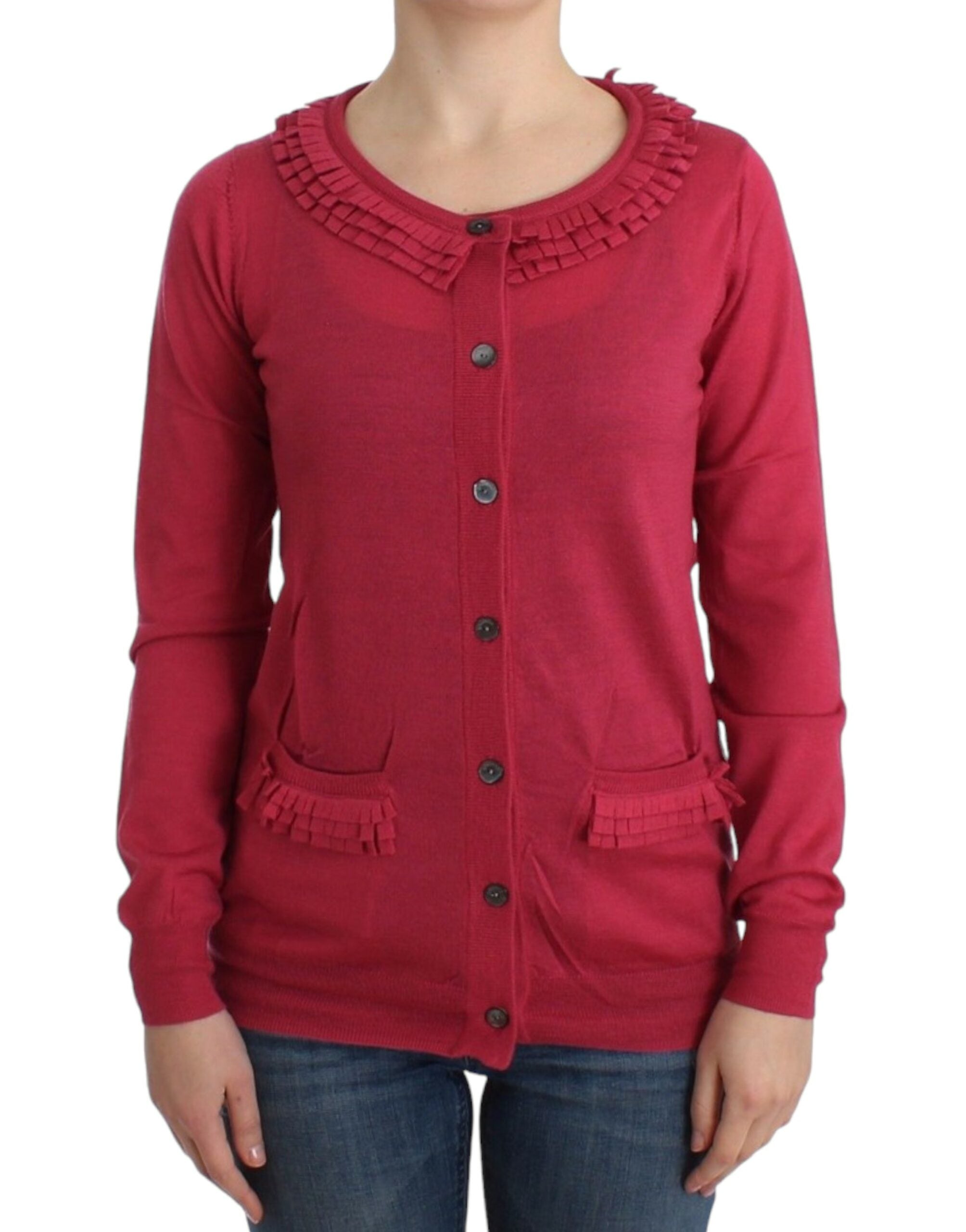 Ruffle Detail Wool Cardigan in Pink - ventzia