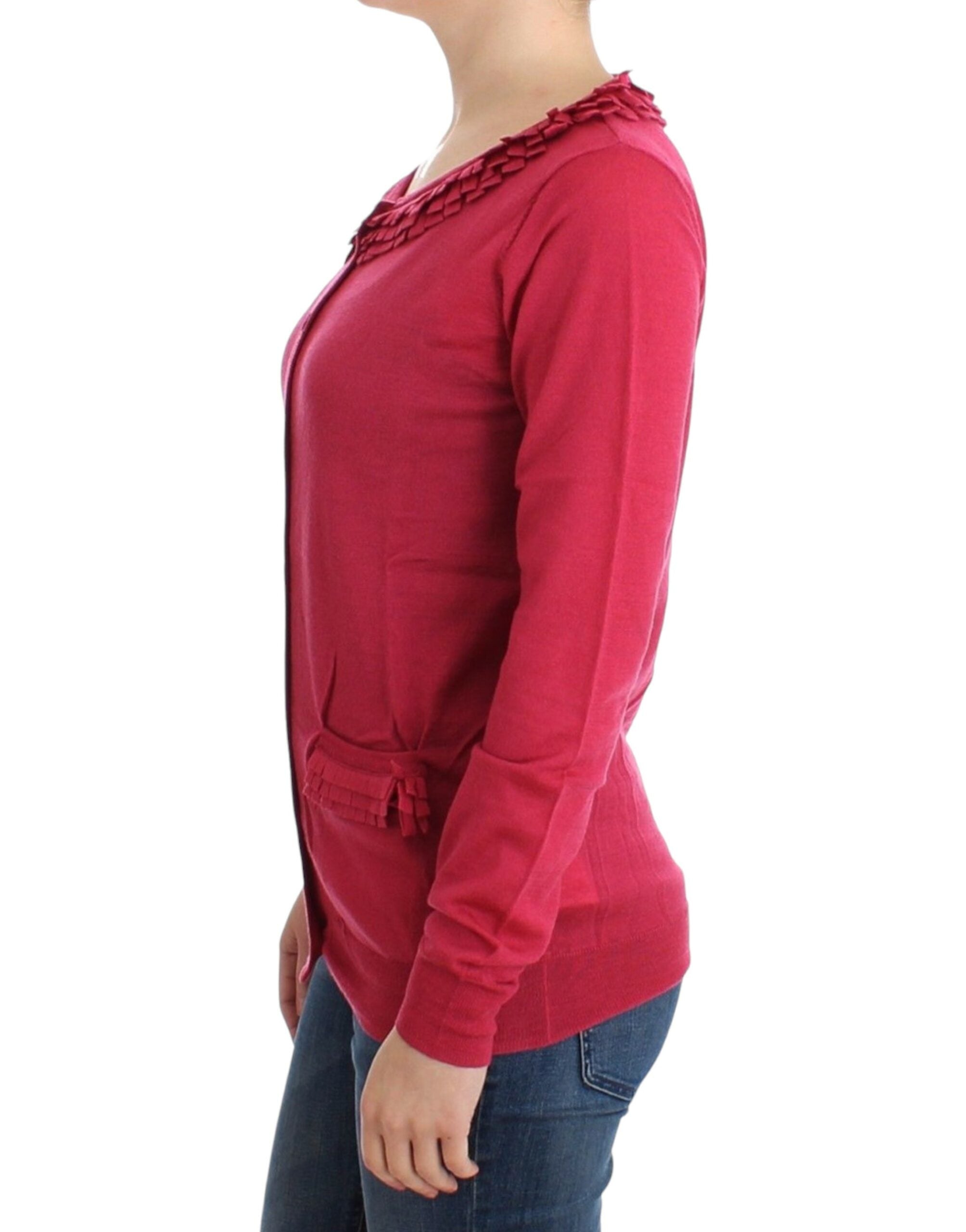 Ruffle Detail Wool Cardigan in Pink - ventzia