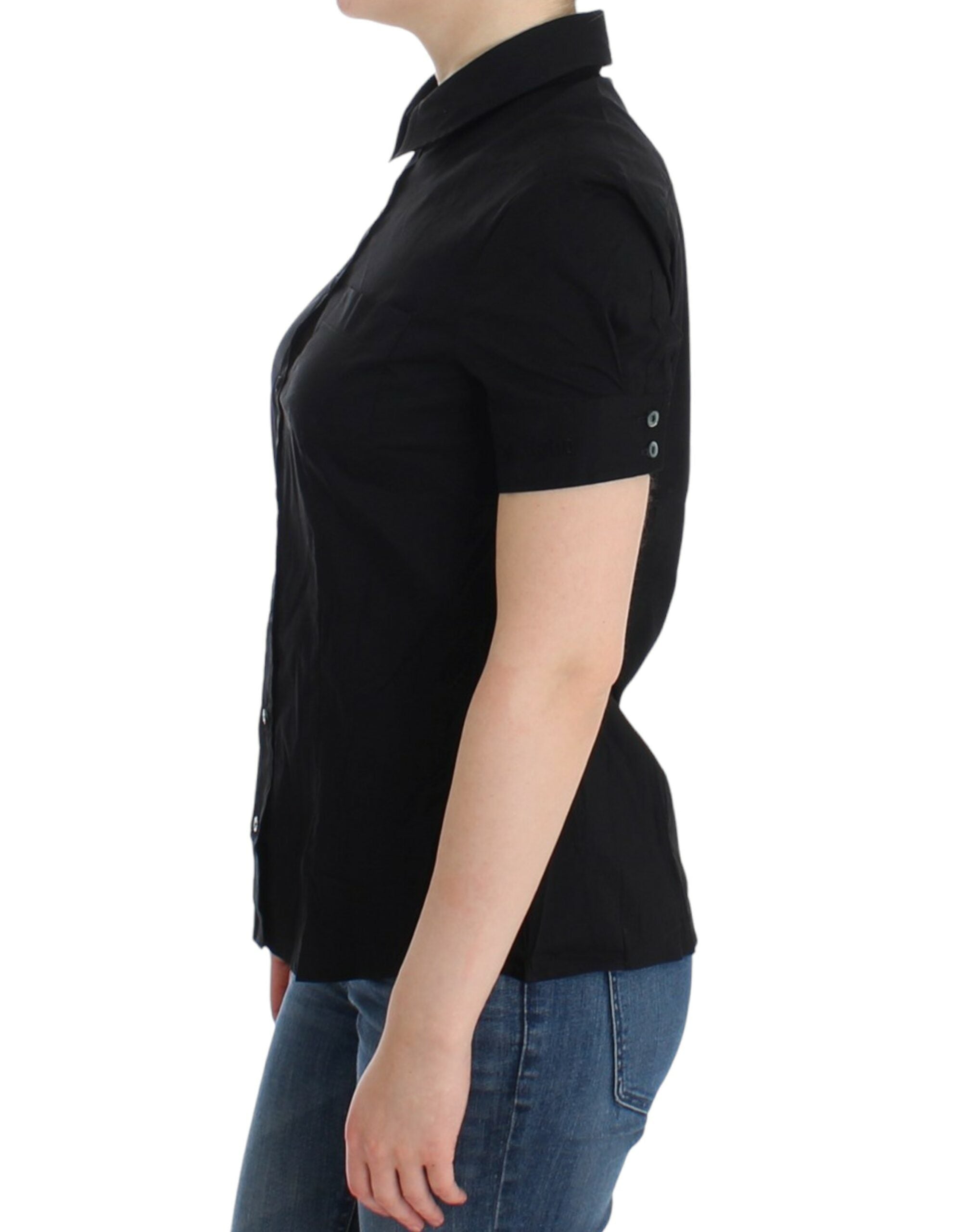 Elegant Black Cotton Stretch Shortsleeve Blouse - ventzia