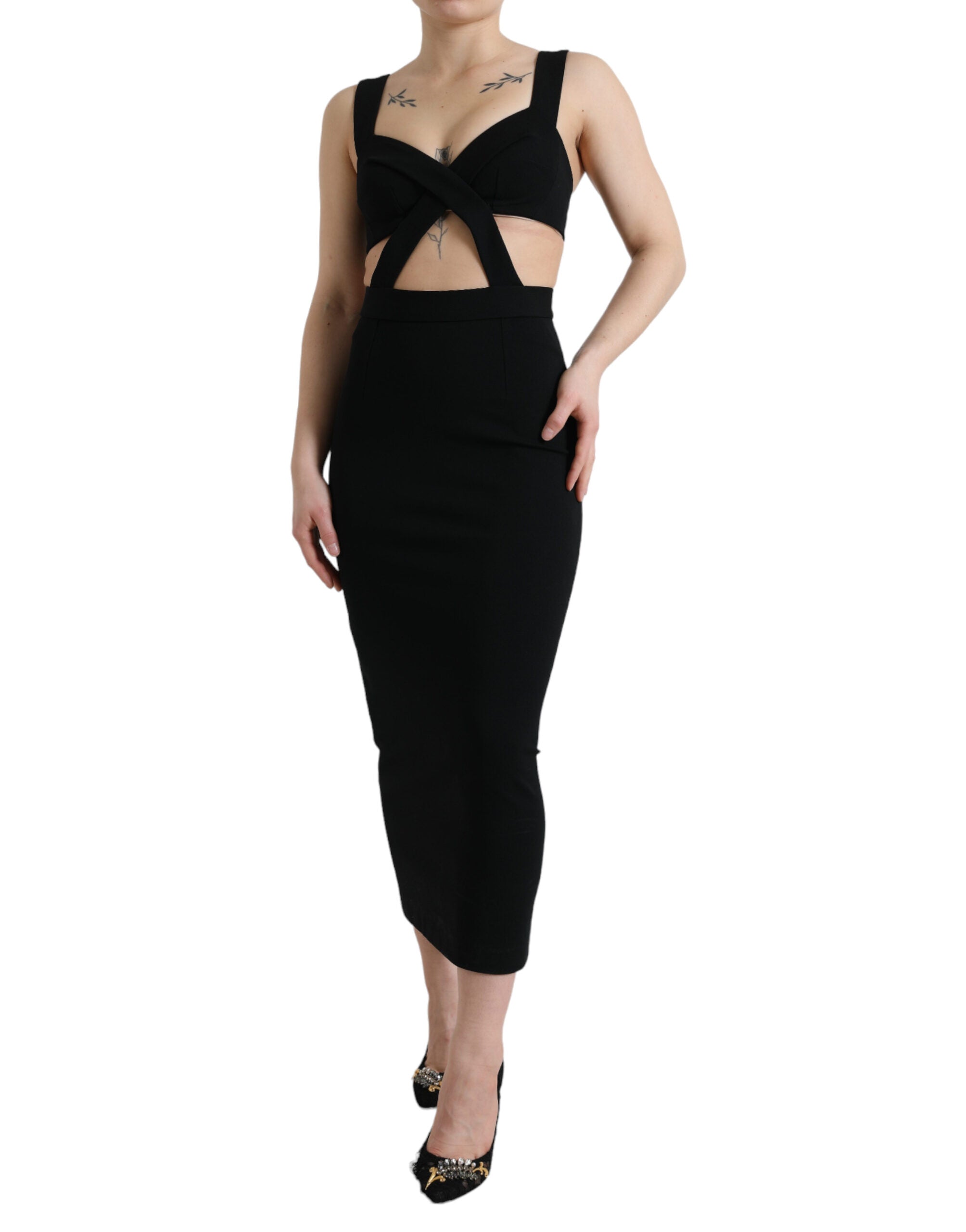 Black Cut Out Sleeveless Bodycon Midi Dress - ventzia