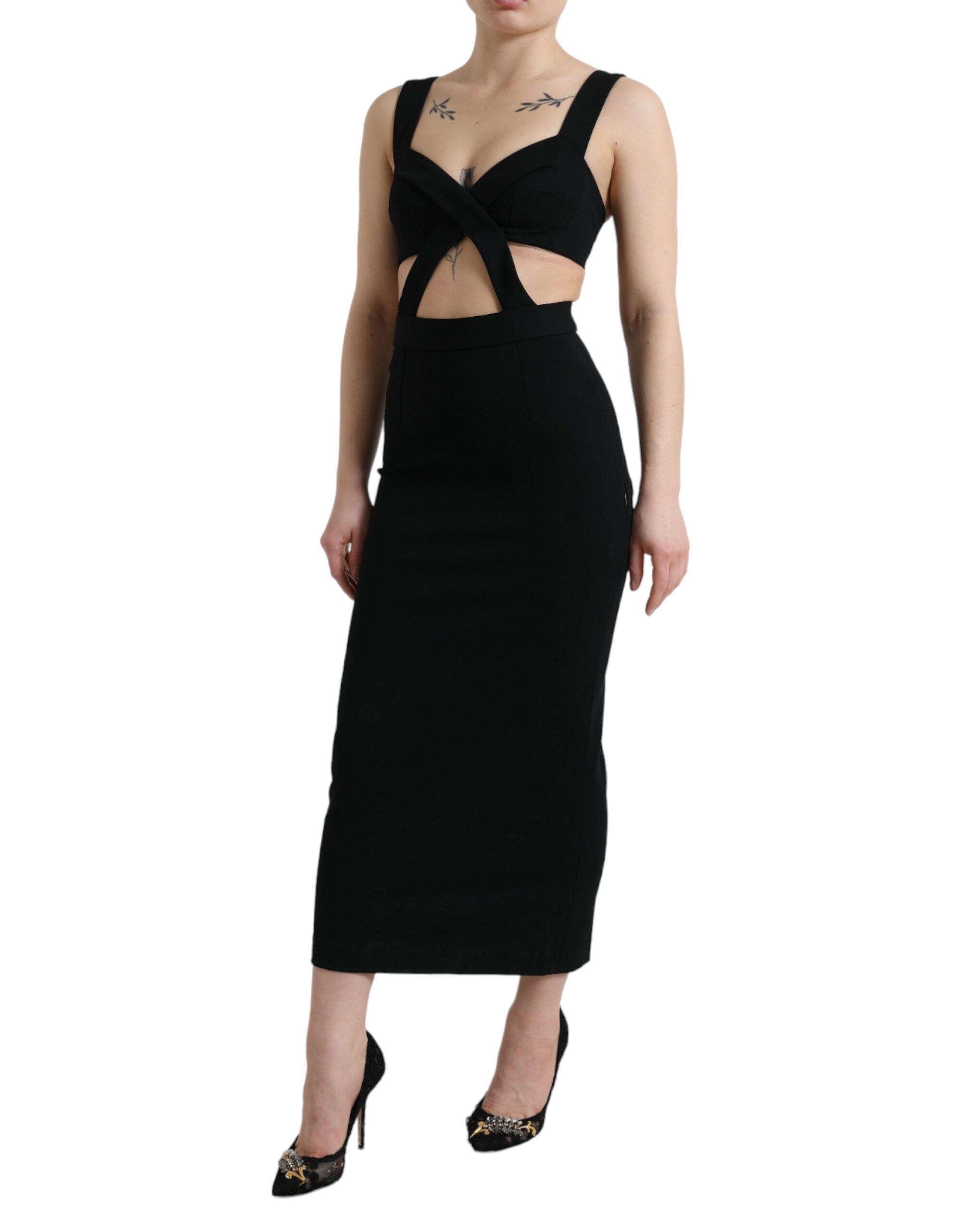 Black Cut Out Sleeveless Bodycon Midi Dress - ventzia