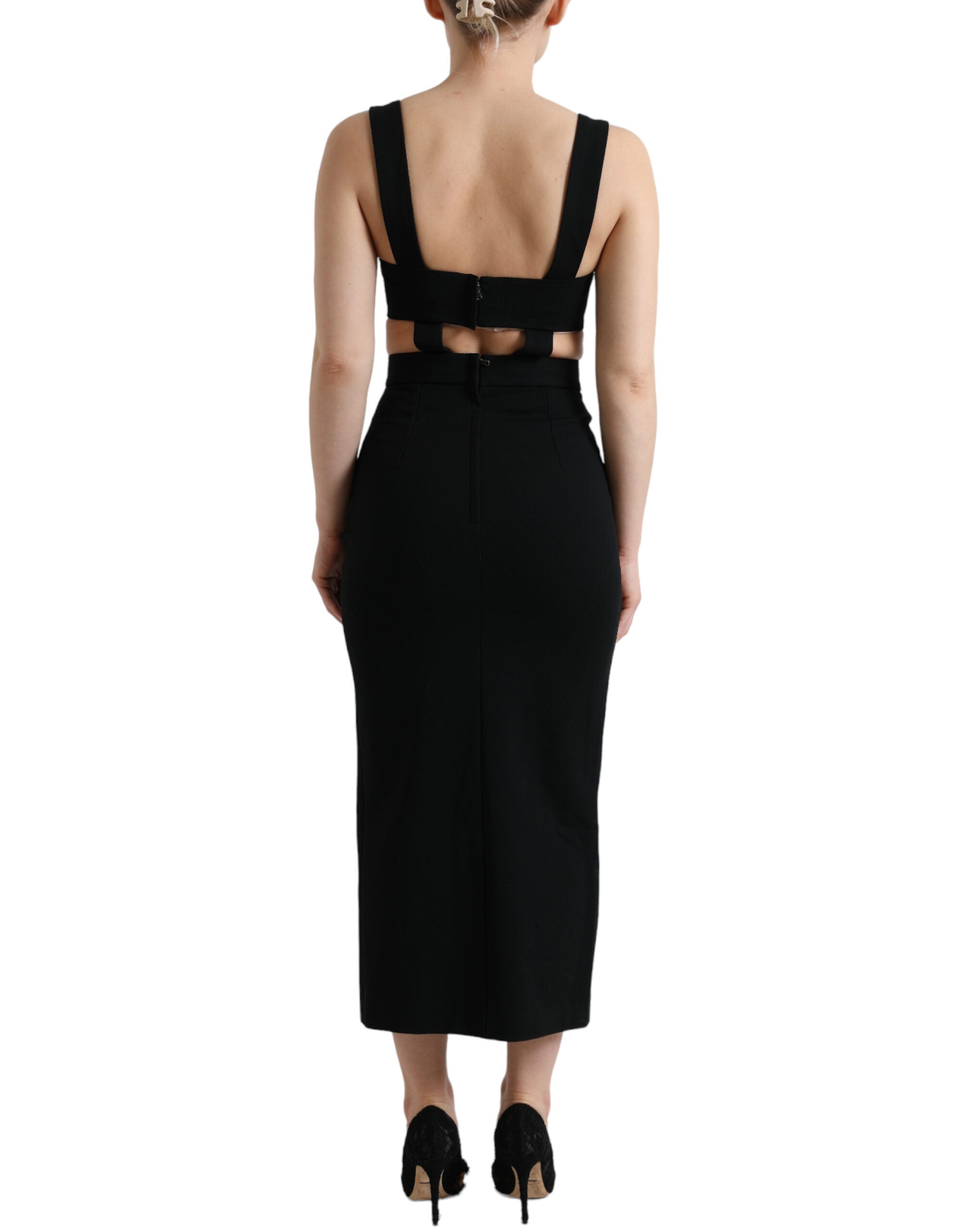 Black Cut Out Sleeveless Bodycon Midi Dress - ventzia