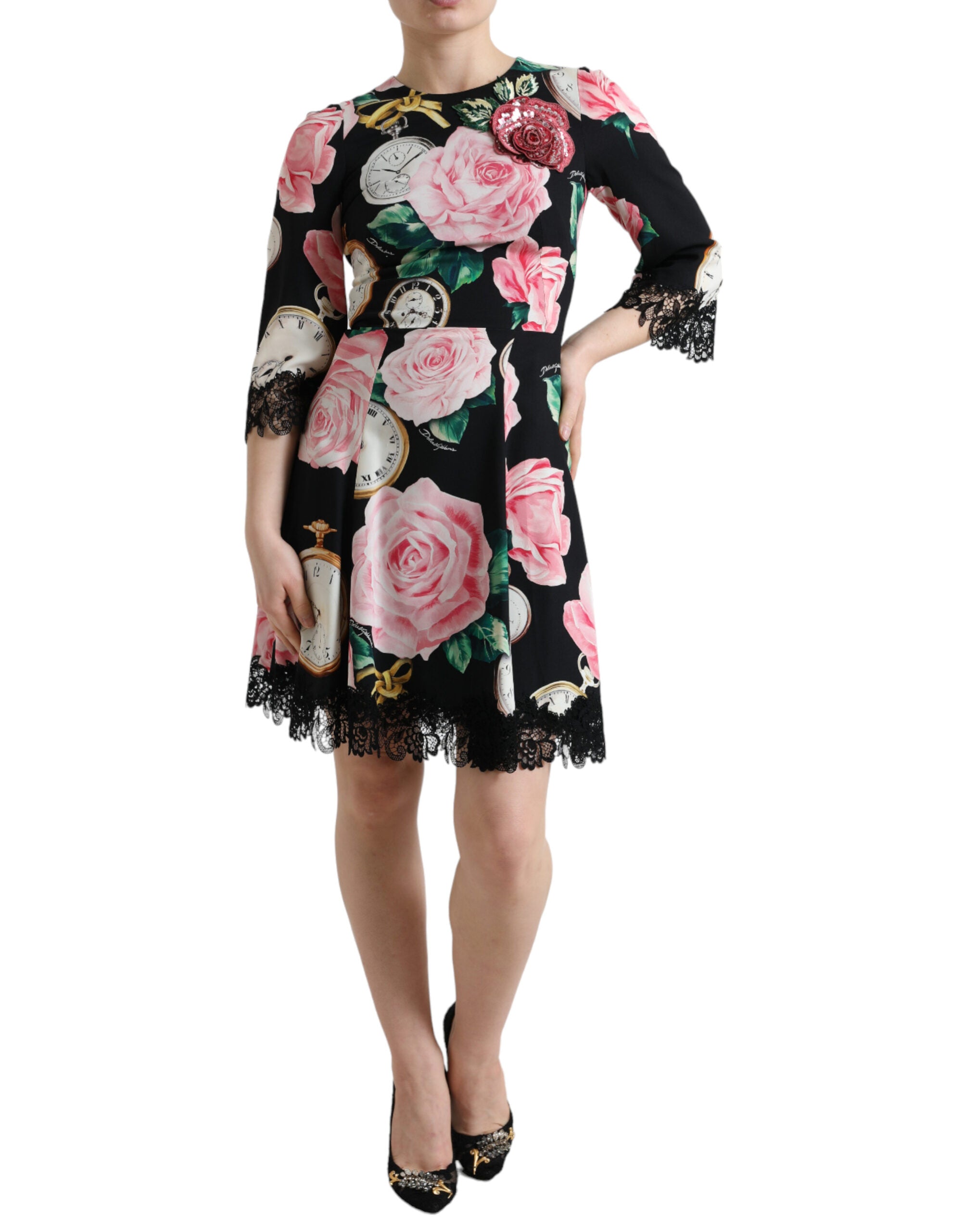 Black Floral Embellished Lace A-line Dress - ventzia