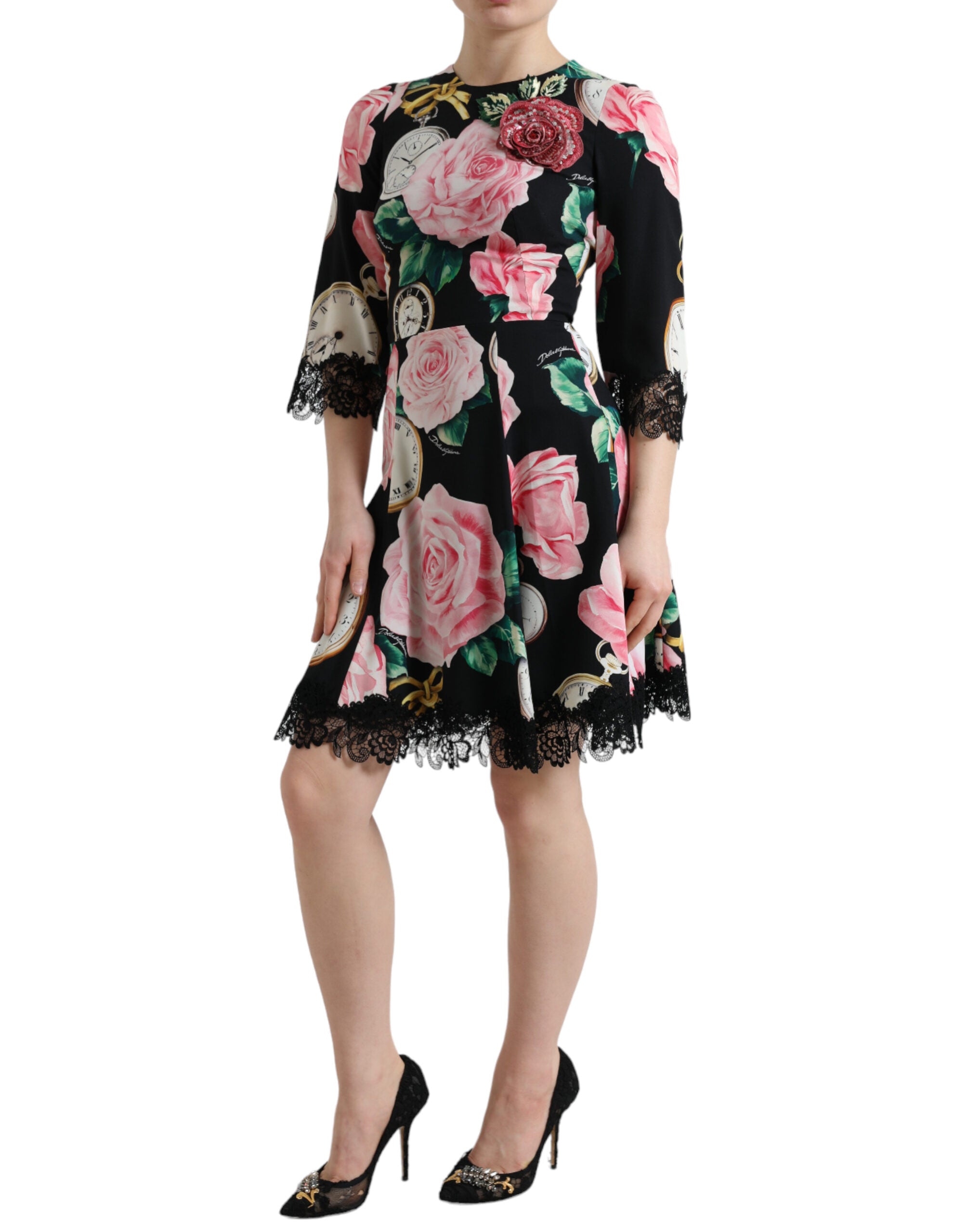 Black Floral Embellished Lace A-line Dress - ventzia