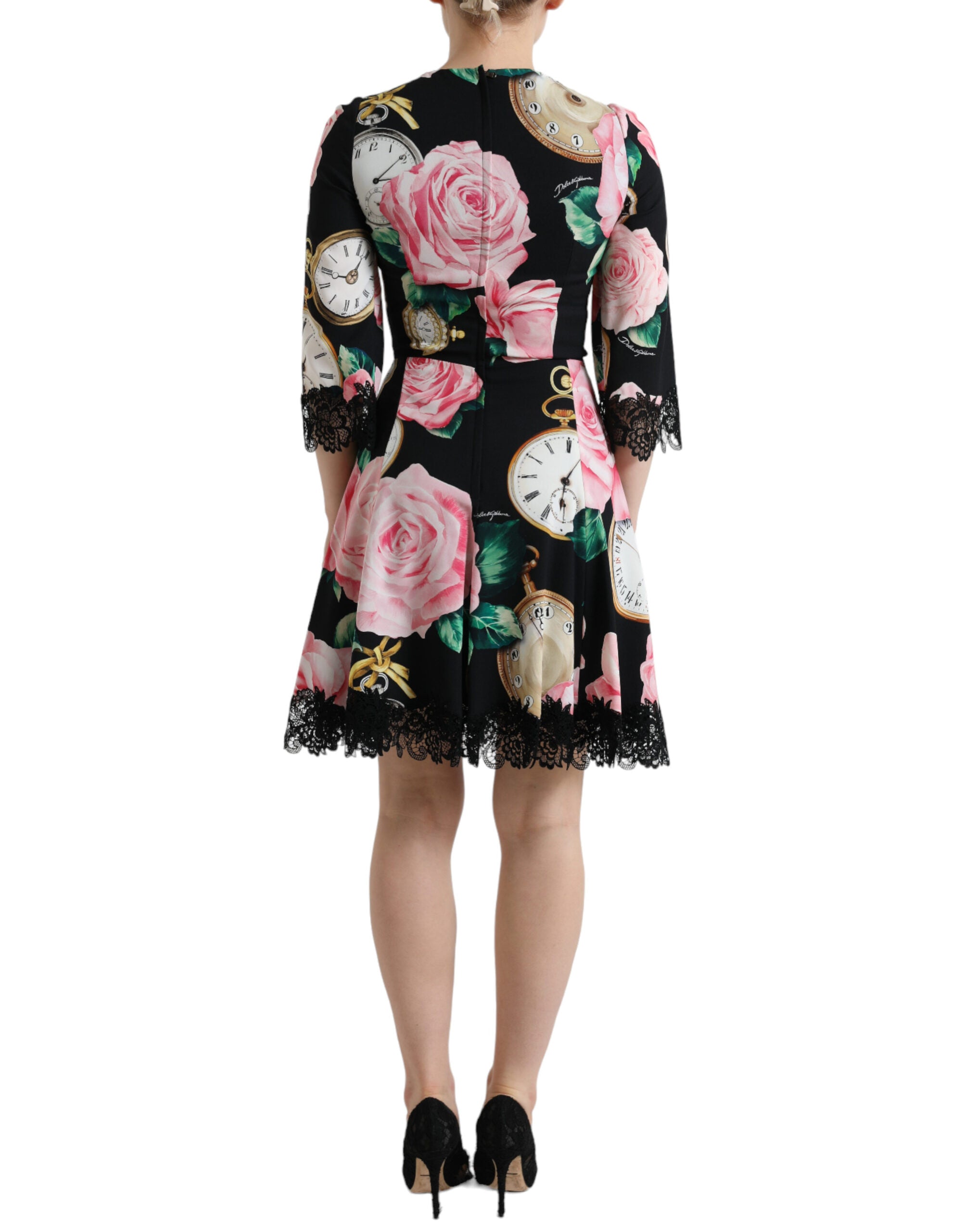 Black Floral Embellished Lace A-line Dress - ventzia