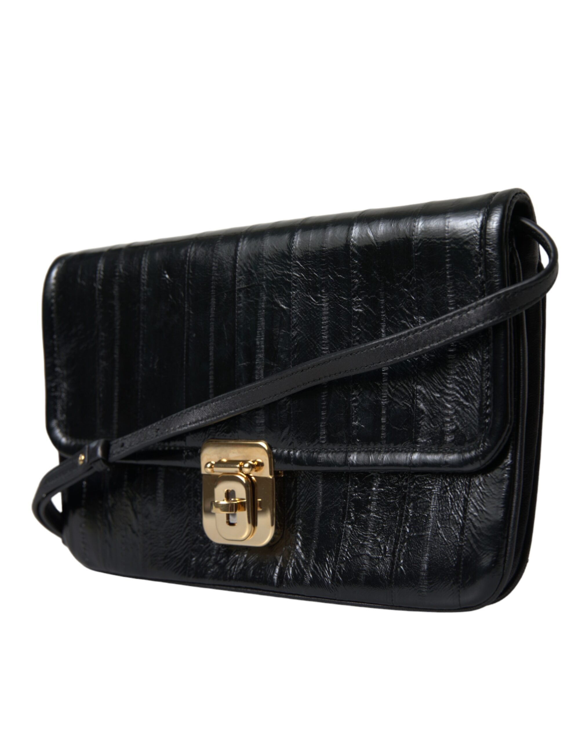 Black Eelskin Leather Shoulder Document Organizer Bag - ventzia