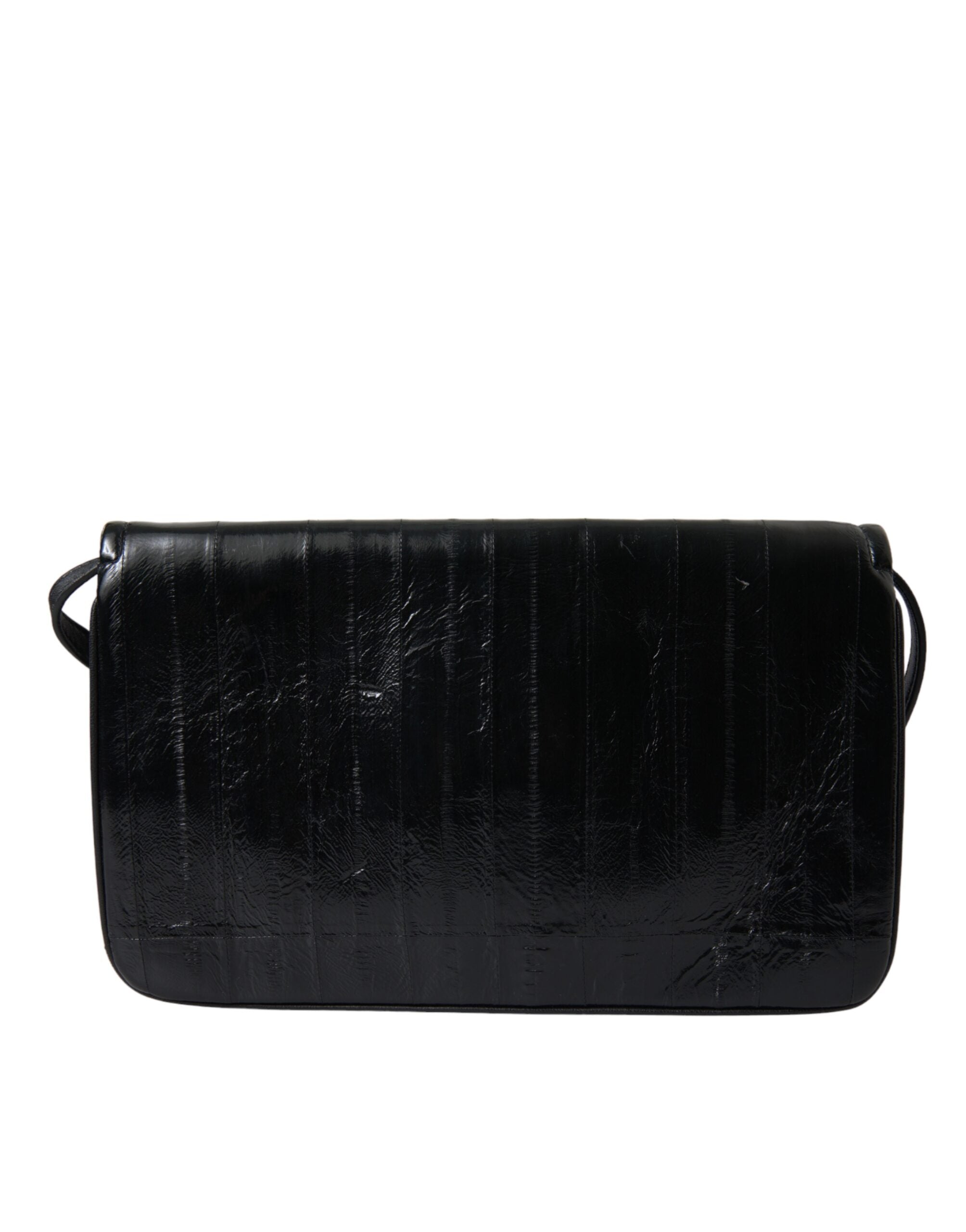 Black Eelskin Leather Shoulder Document Organizer Bag - ventzia
