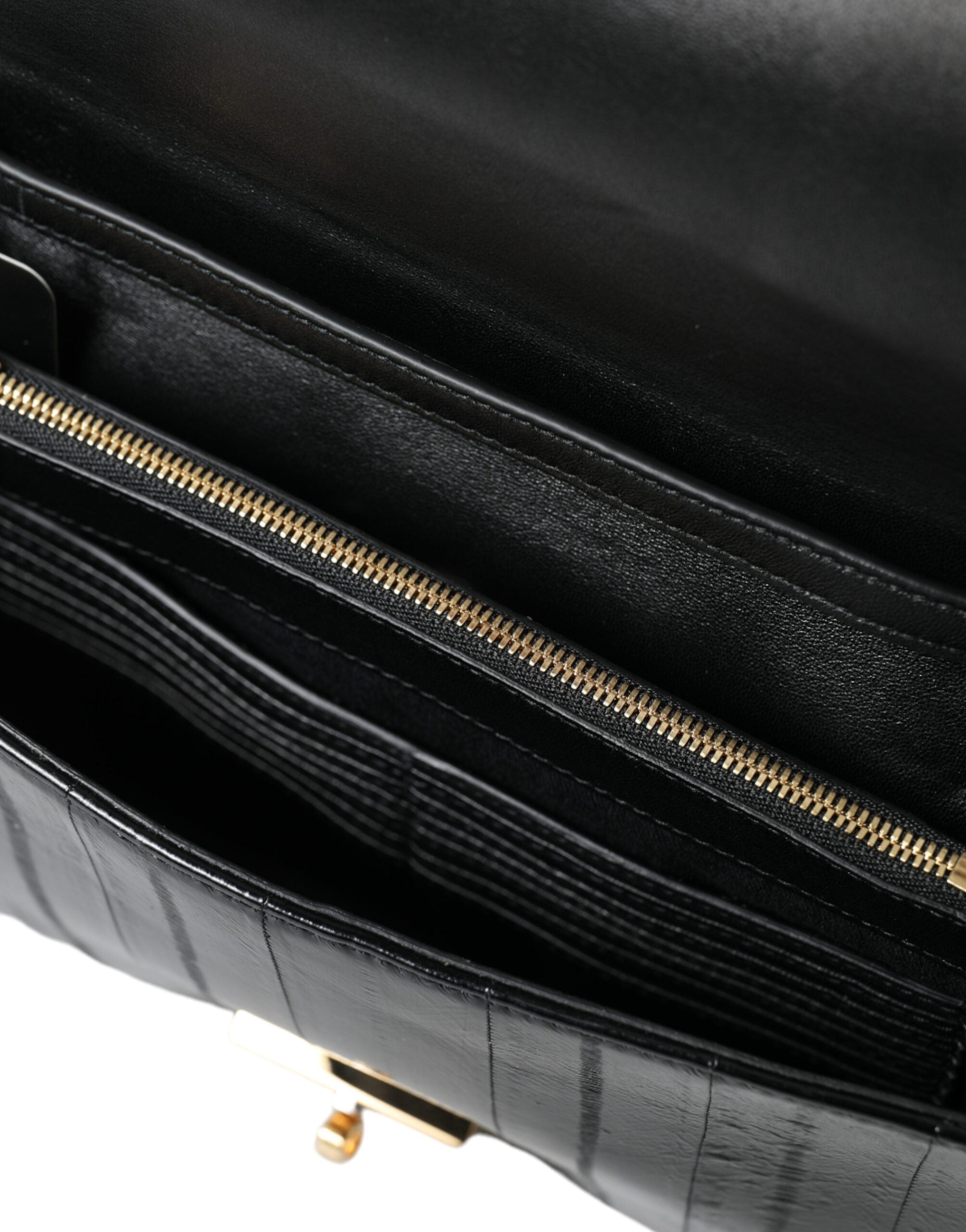 Black Eelskin Leather Shoulder Document Organizer Bag - ventzia