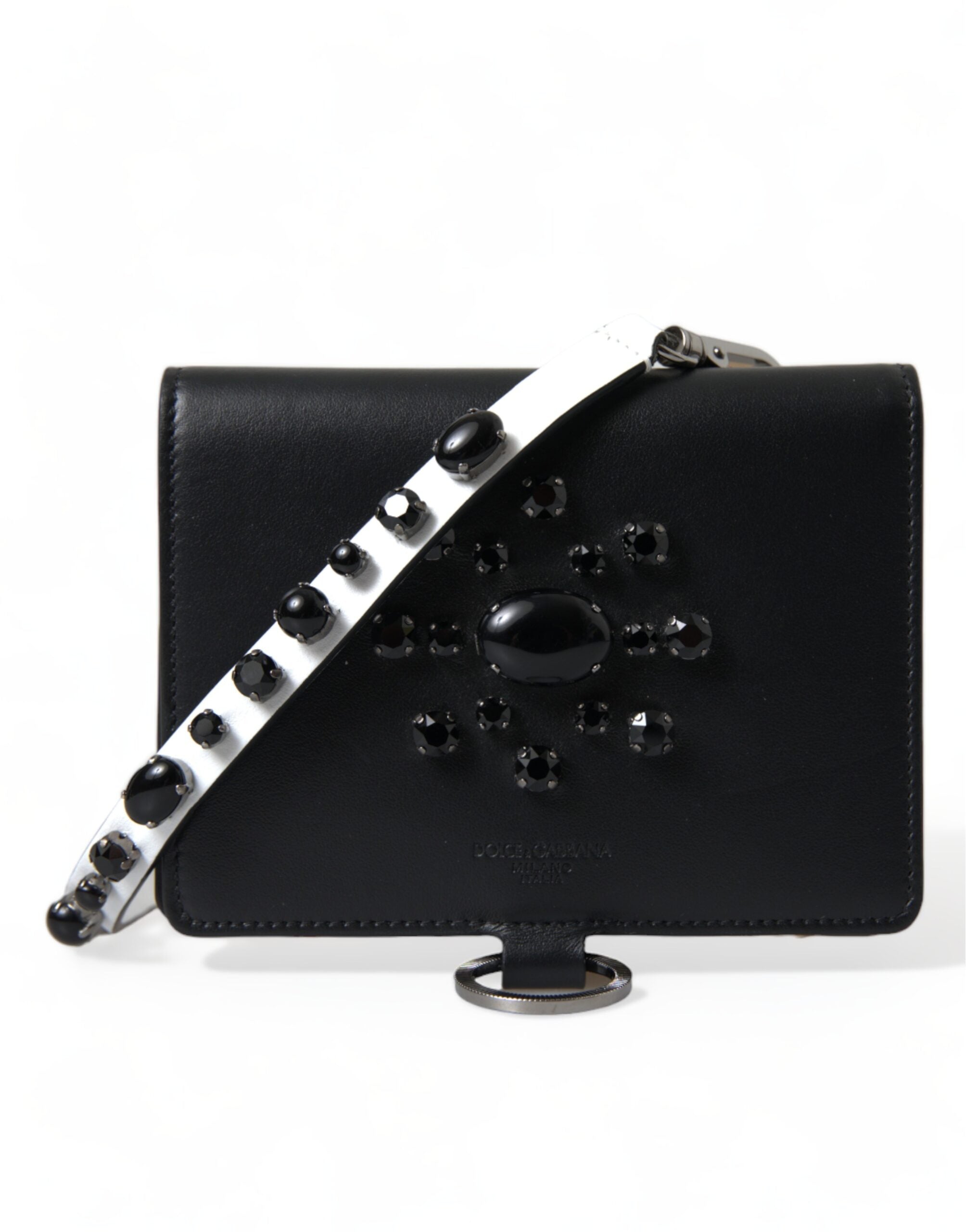 Black Leather Crystal Embellished Card Holder Wallet - ventzia