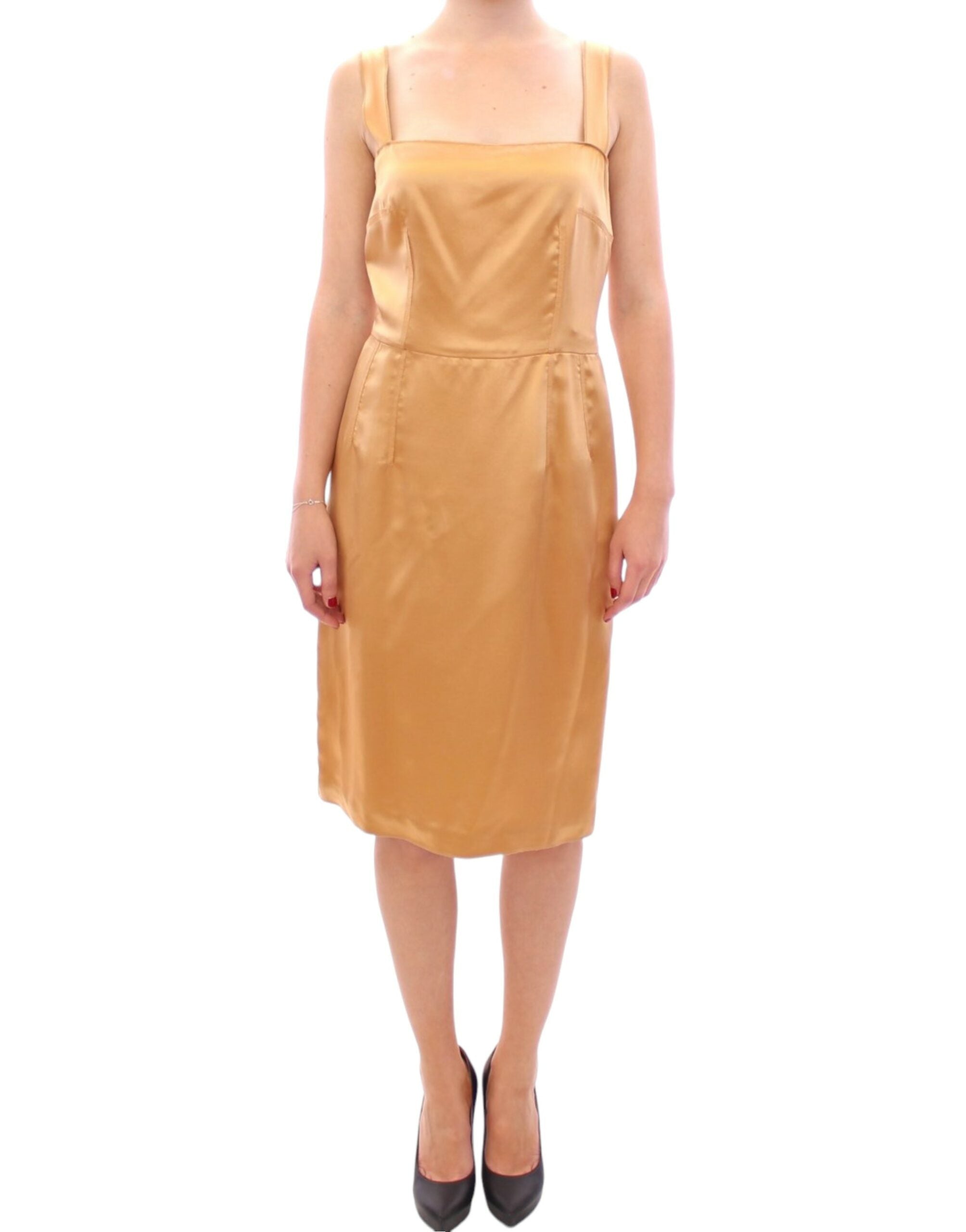 Elegant Bronze Silk Knee-Length Sheath Dress - ventzia