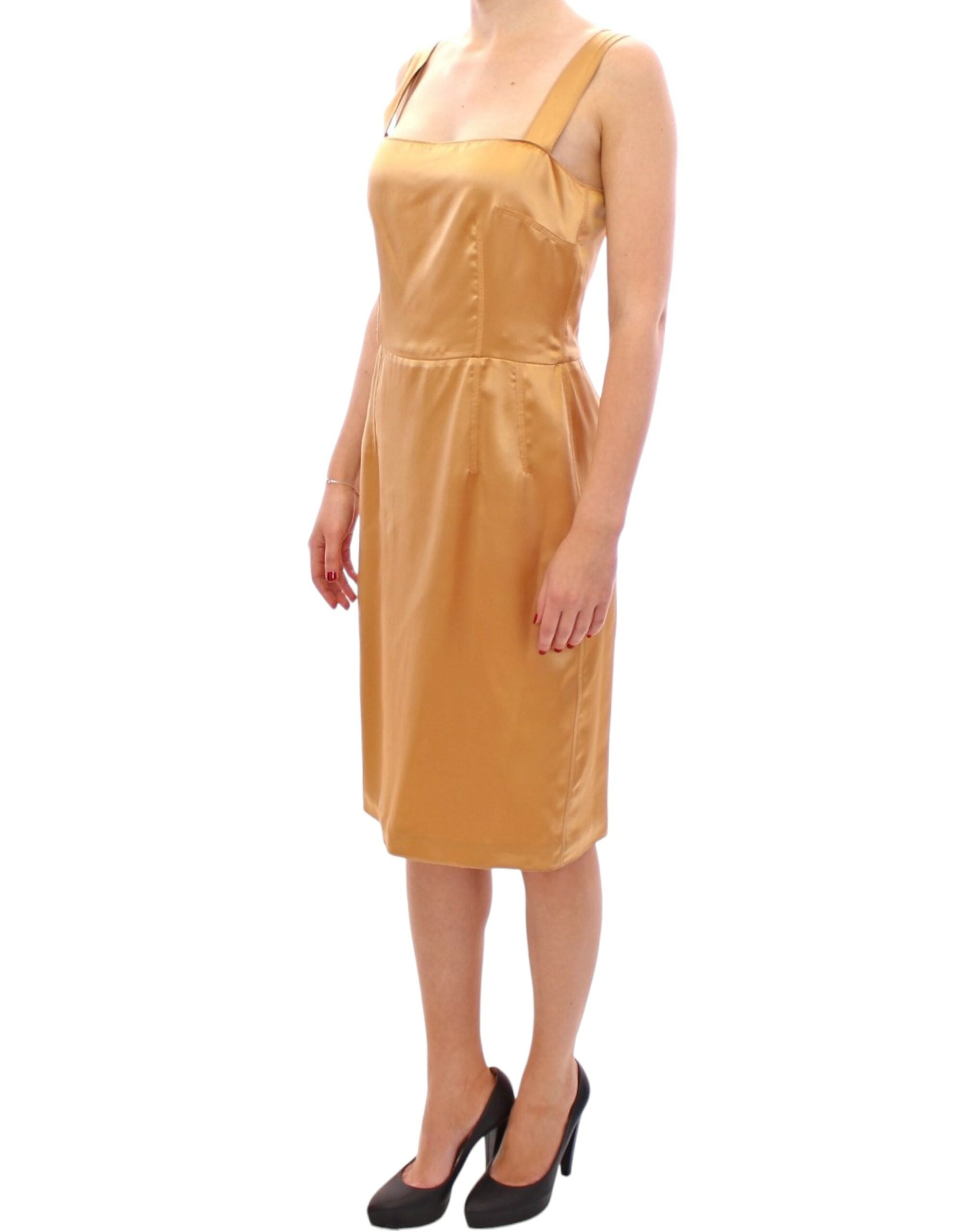 Elegant Bronze Silk Knee-Length Sheath Dress - ventzia