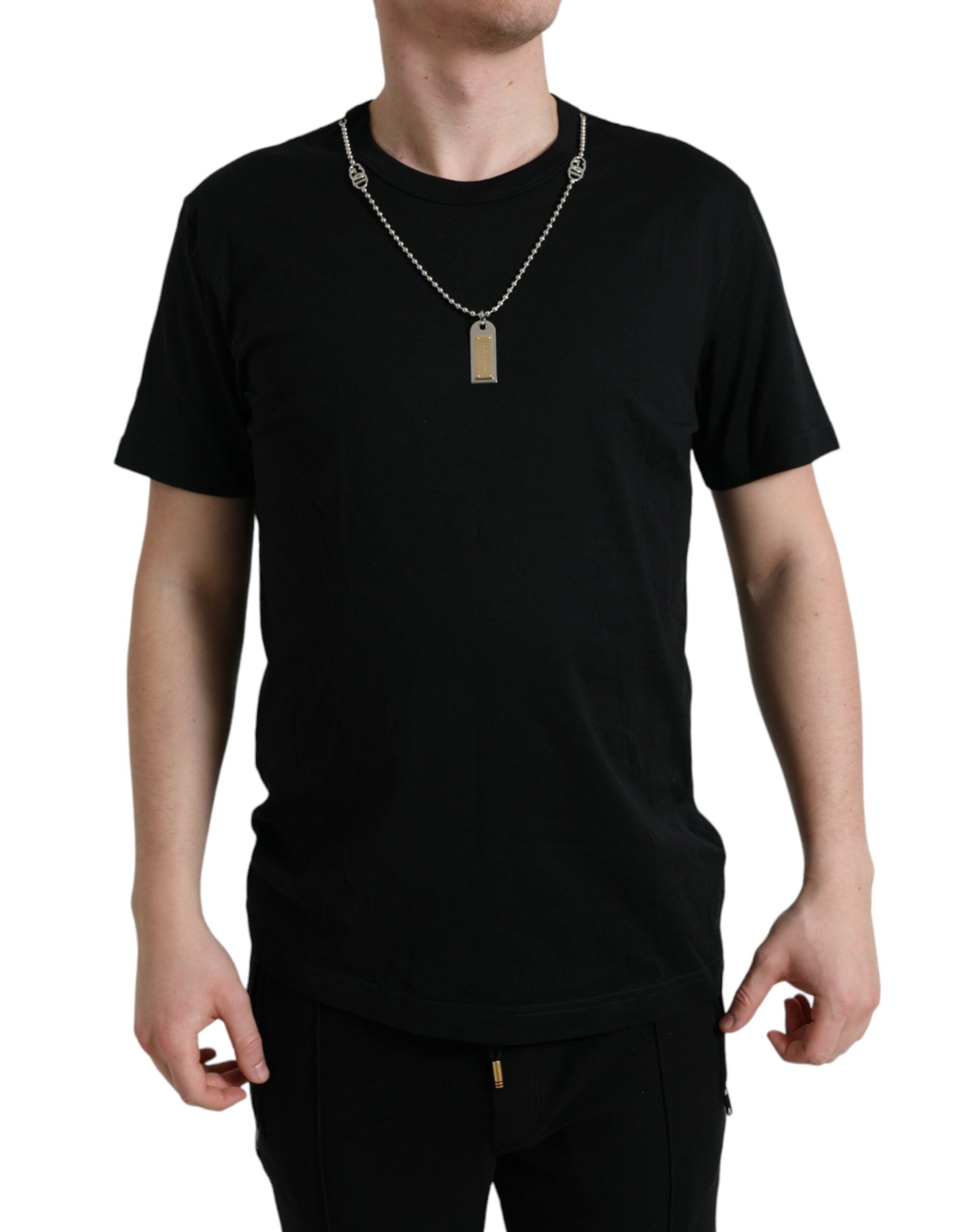 Black Cotton Dog Tag Round Neck T-shirt - ventzia