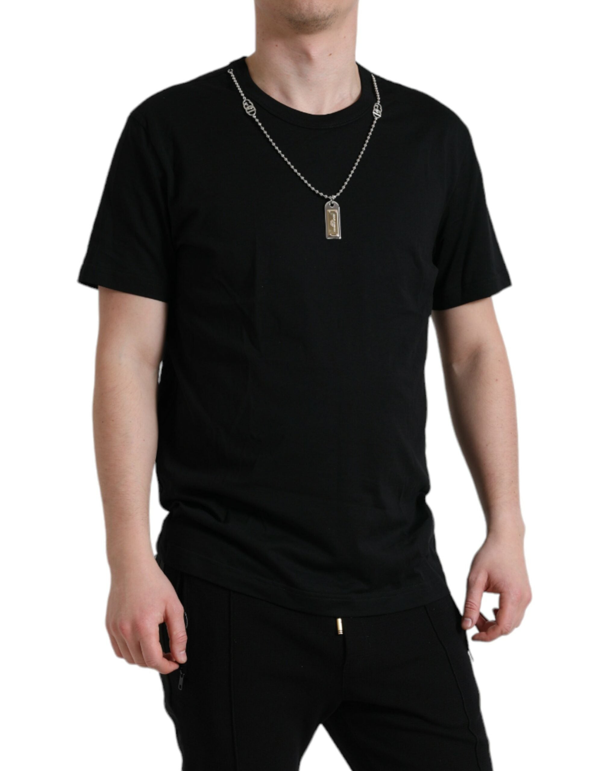 Black Cotton Dog Tag Round Neck T-shirt - ventzia