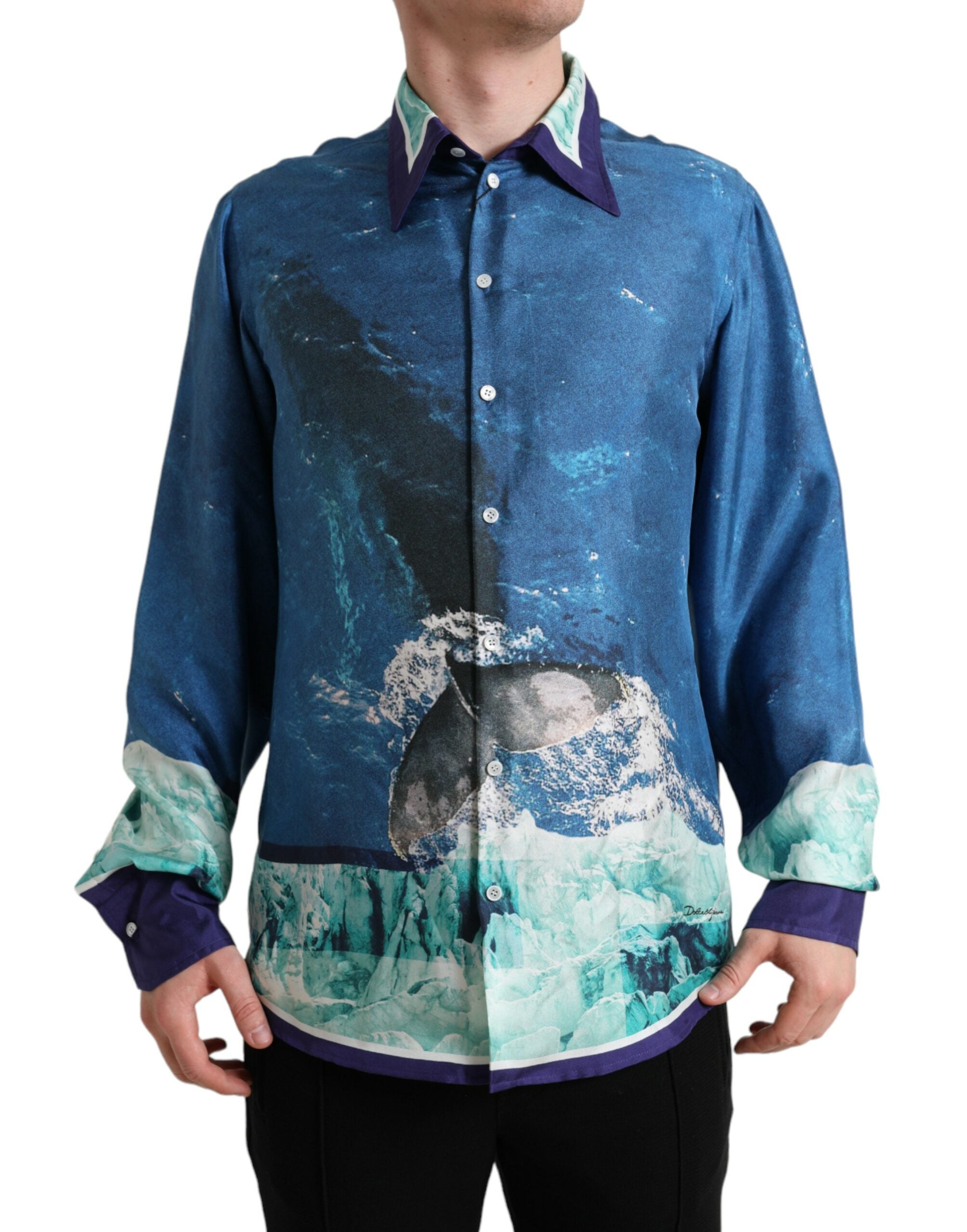 Blue Ocean Print Silk Collared Button Down Shirt - ventzia