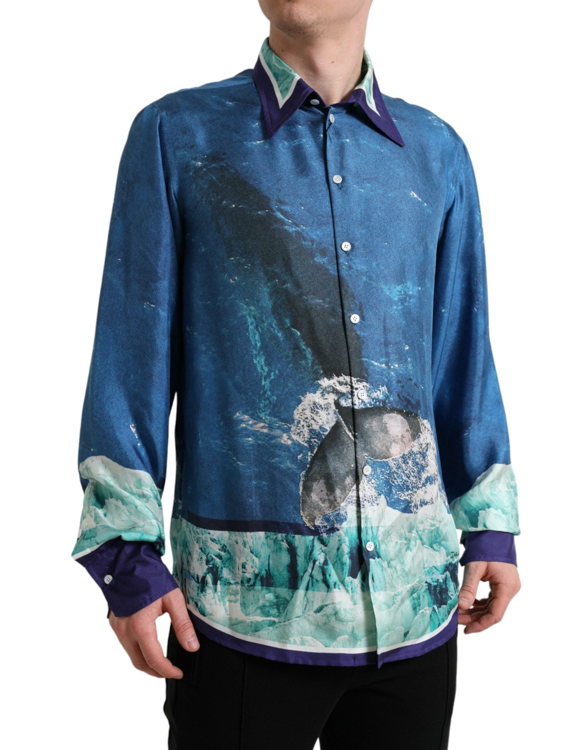 Blue Ocean Print Silk Collared Button Down Shirt - ventzia