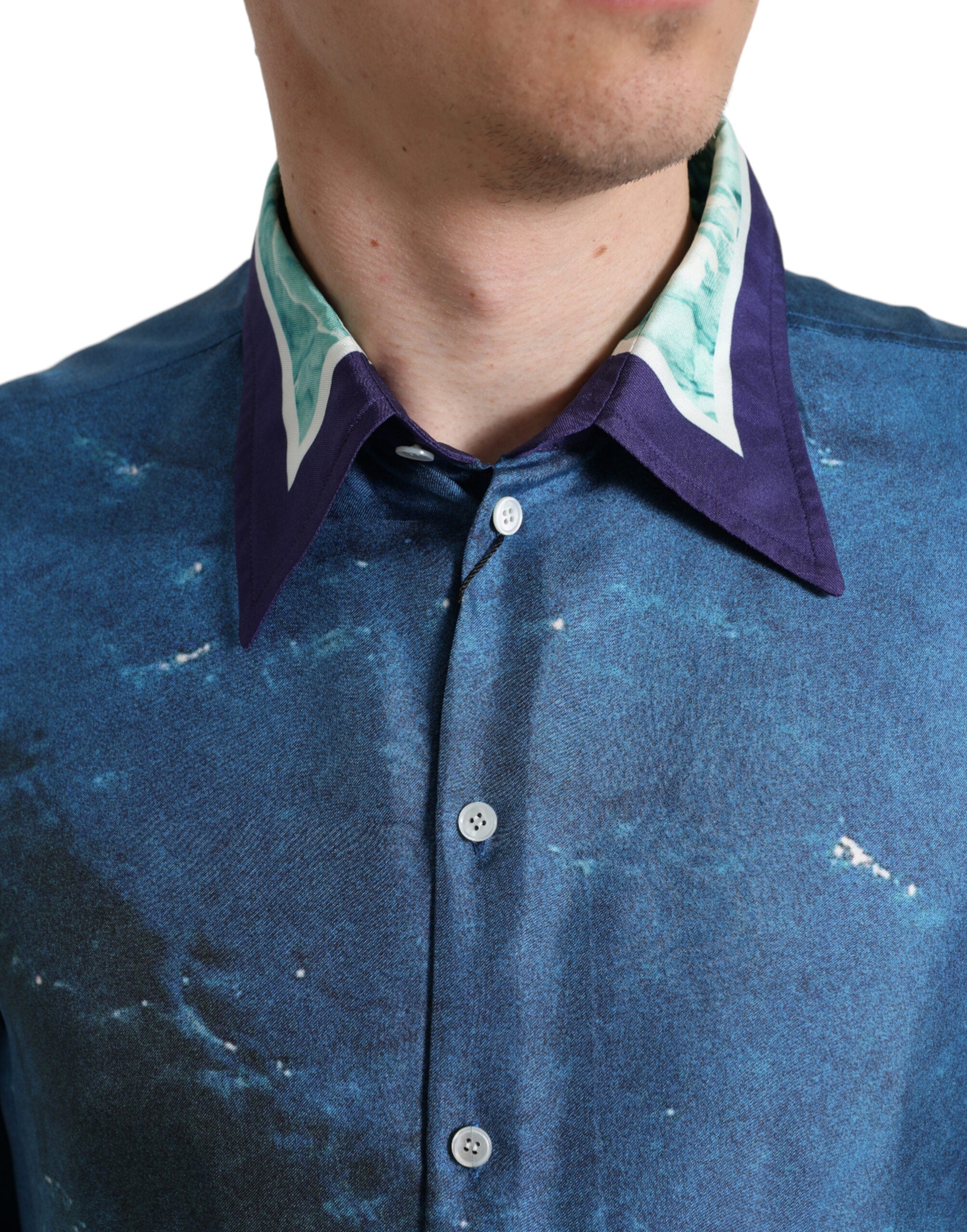 Blue Ocean Print Silk Collared Button Down Shirt - ventzia