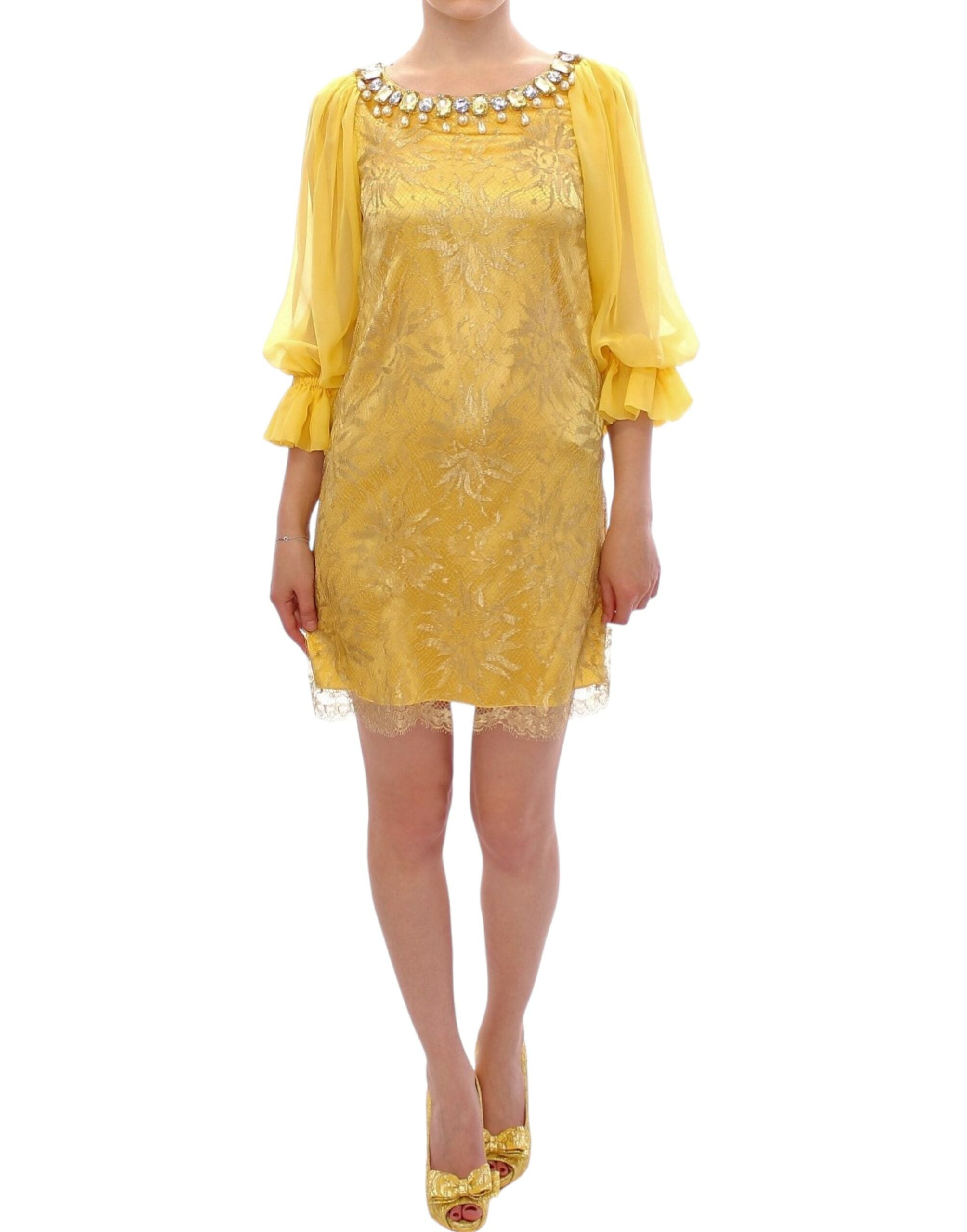 Yellow Lace Crystal Embellished Mini Dress - ventzia