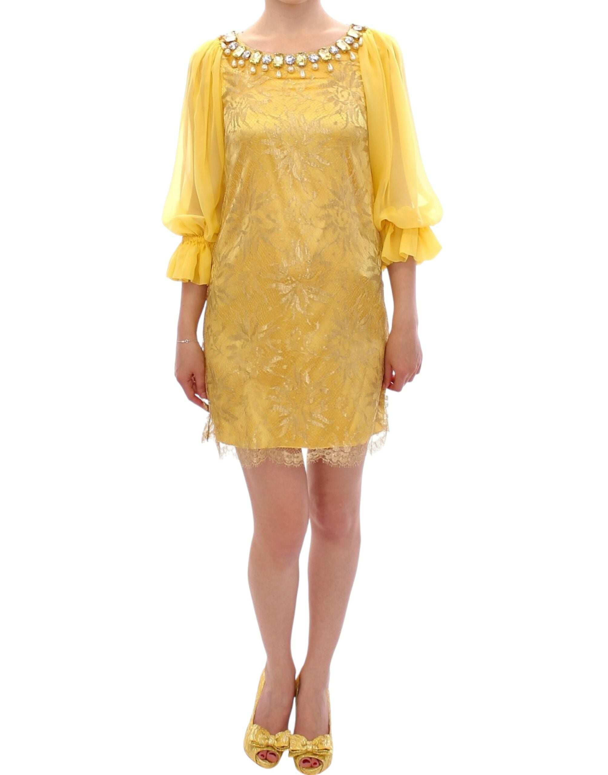 Yellow Lace Crystal Embellished Mini Dress - ventzia
