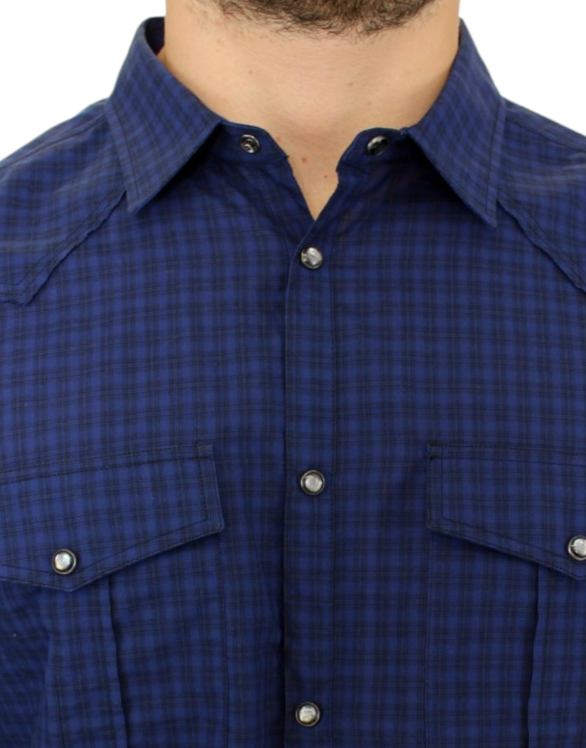 Chic Blue Checkered Casual Cotton Shirt - ventzia