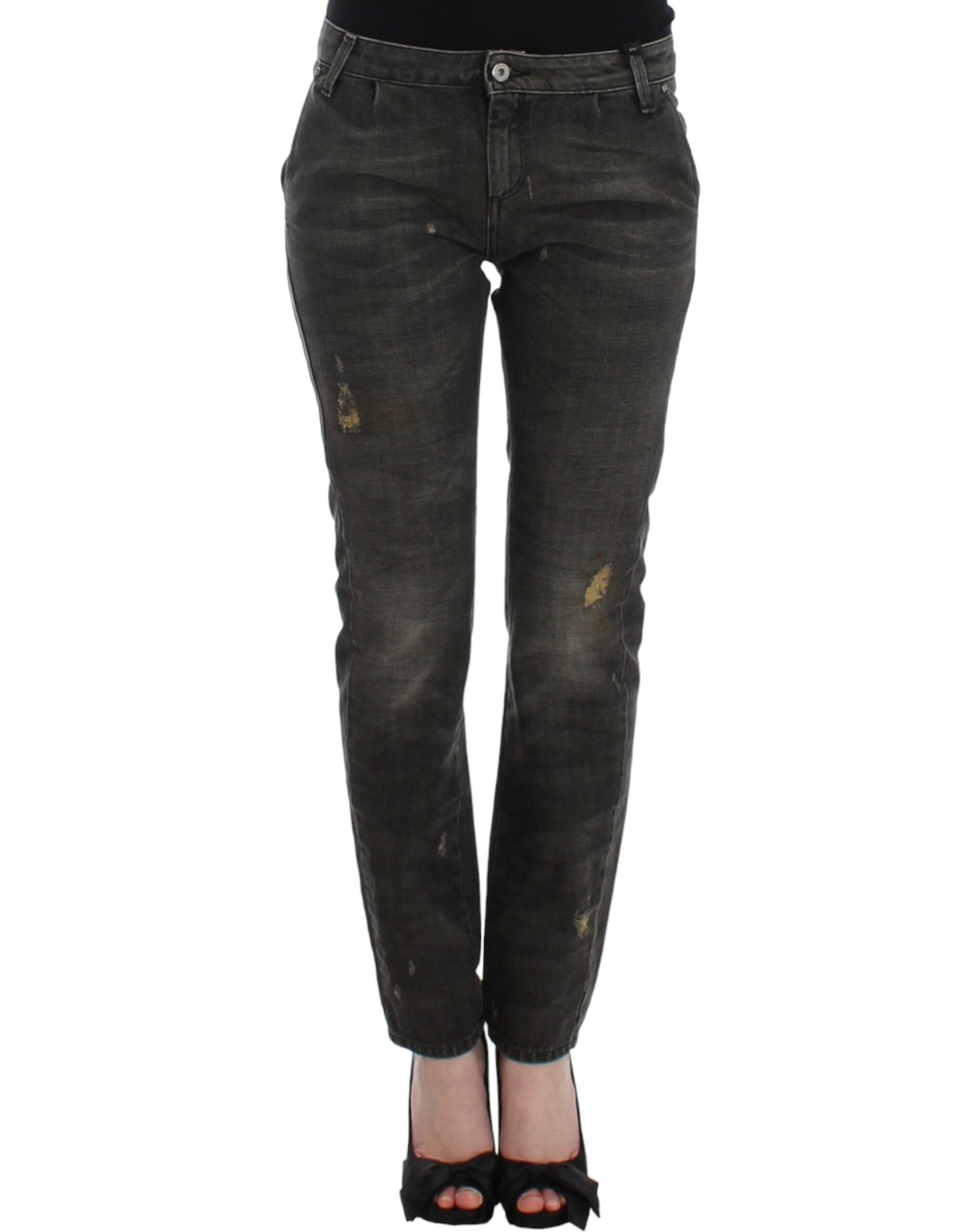Sleek Gray Straight Leg Distressed Jeans - ventzia