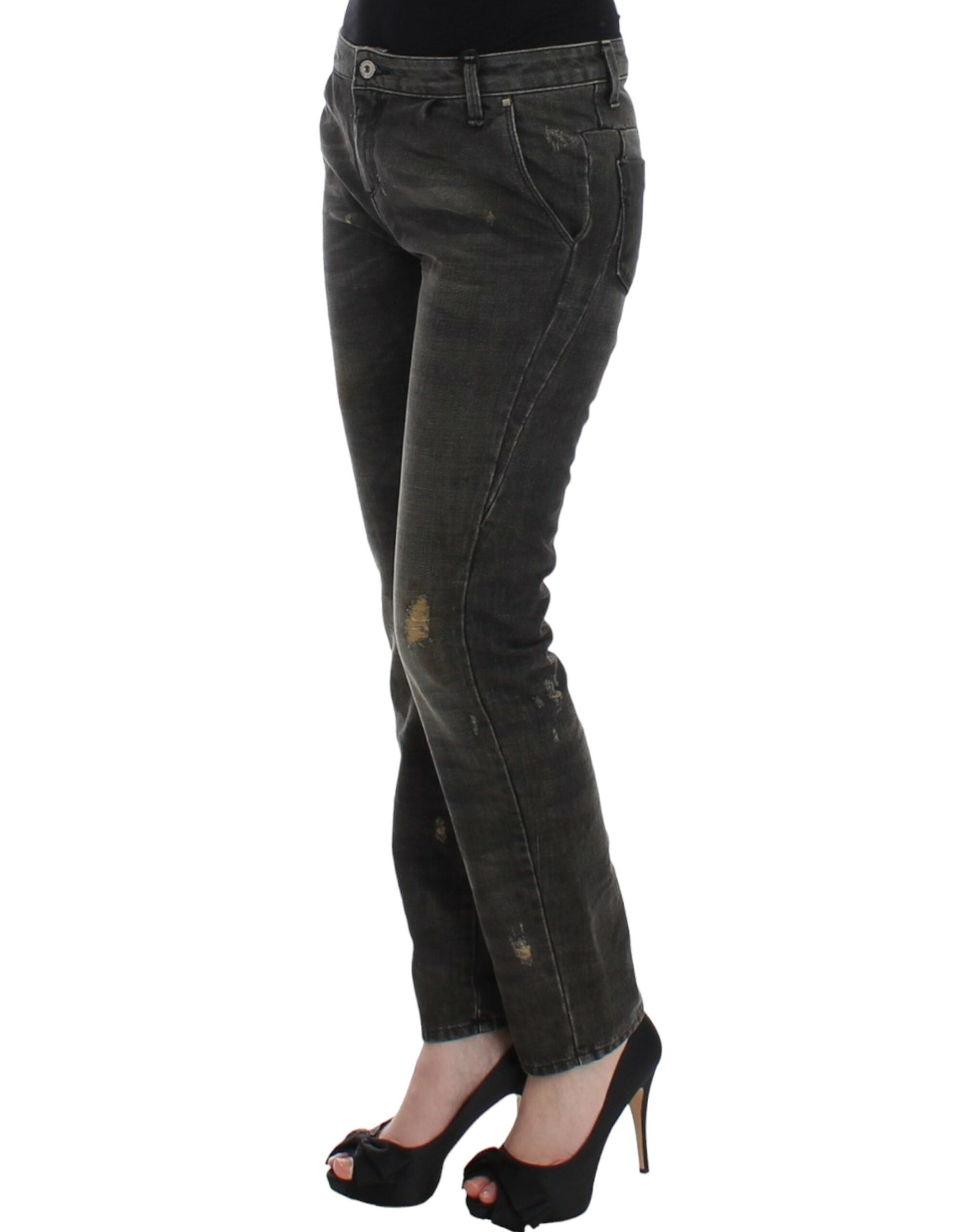 Sleek Gray Straight Leg Distressed Jeans - ventzia