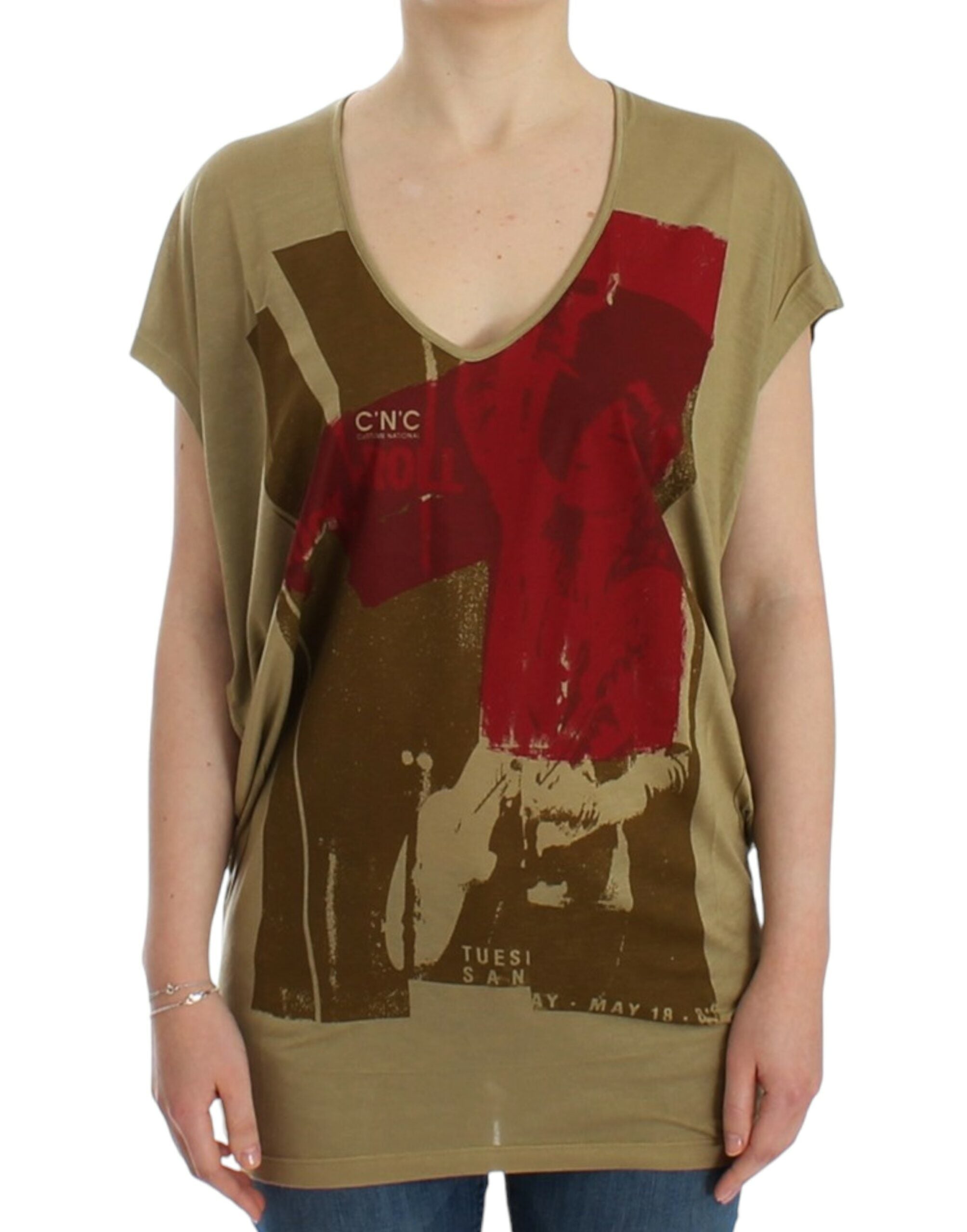 Chic Green Multicolor Print V-Neck Tee - ventzia