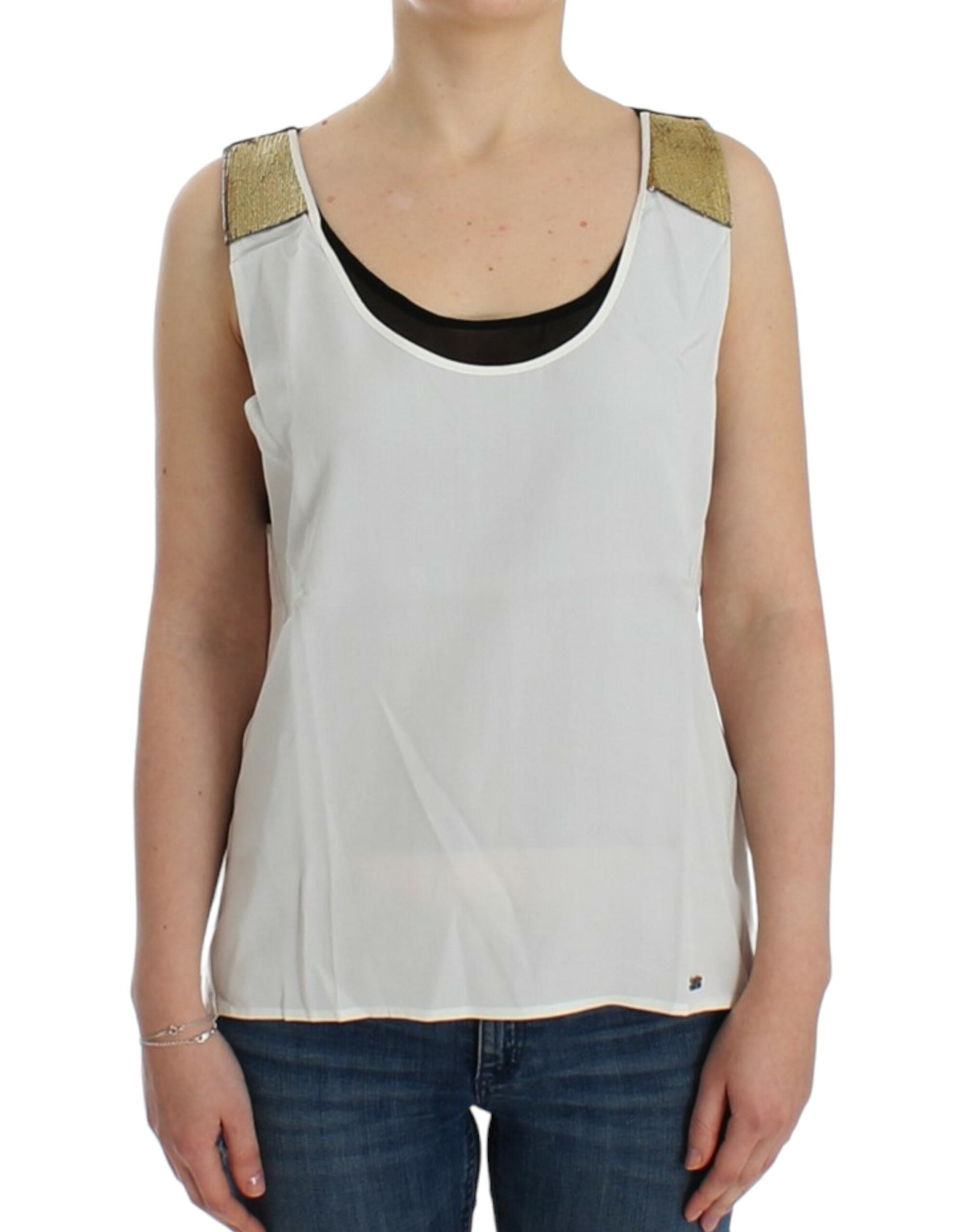 Elegant Monochrome Sleeveless Top with Gold Accents - ventzia