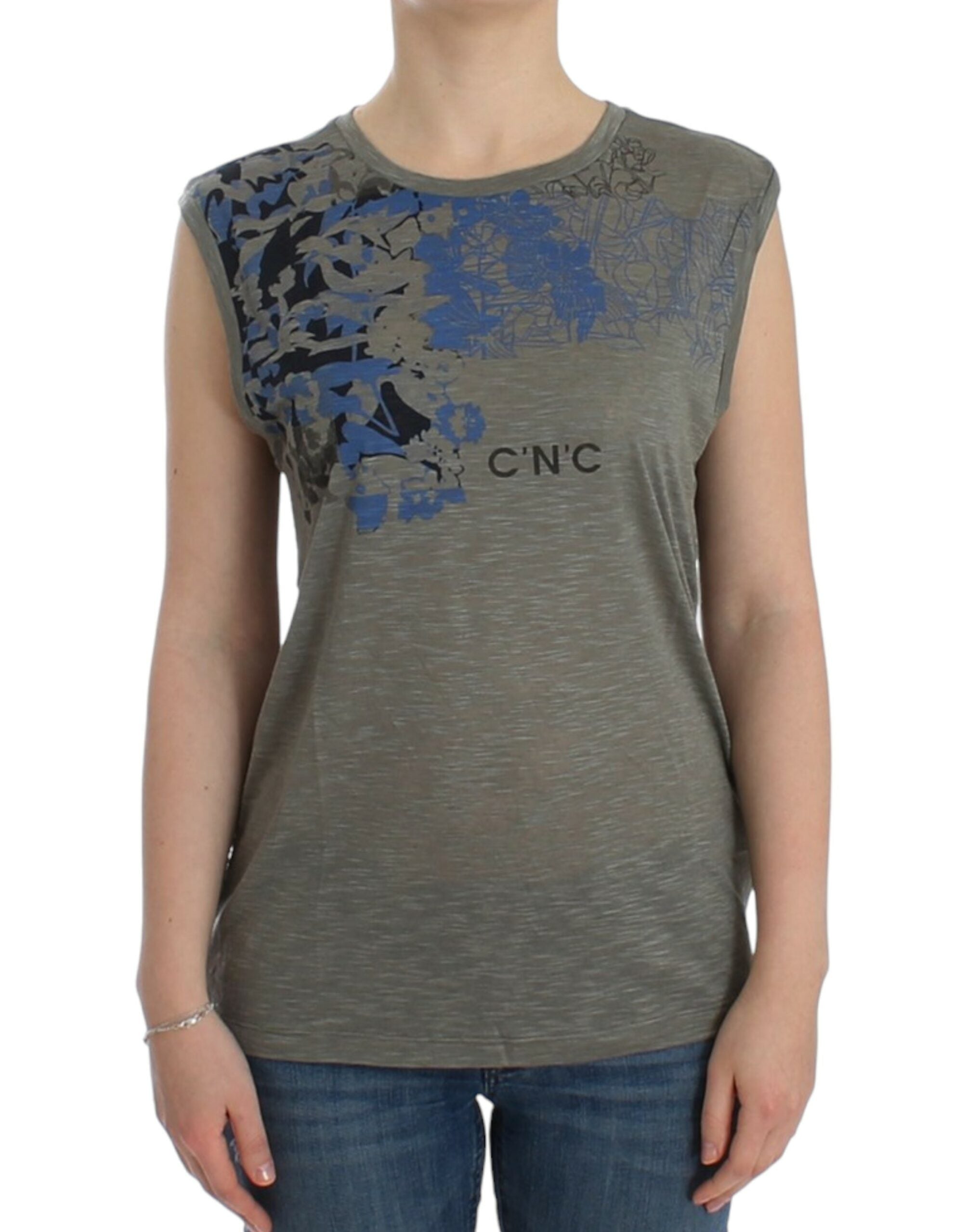 Chic Sleeveless Gray Top with Blue Detailing - ventzia