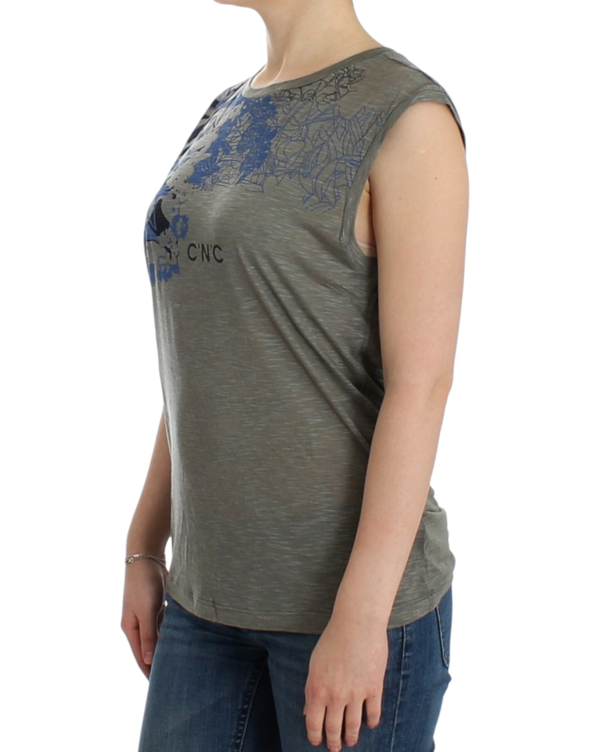Chic Sleeveless Gray Top with Blue Detailing - ventzia