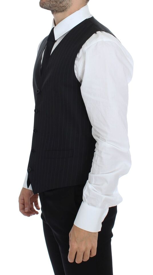 Chic Black Striped Wool Silk Dress Vest - ventzia