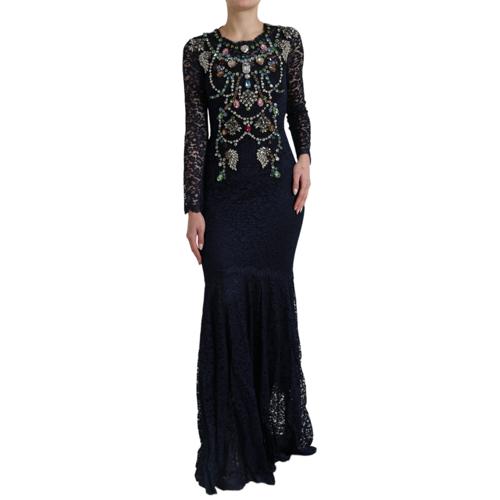 Crystal Embellished Navy Blue Flare Dress - ventzia
