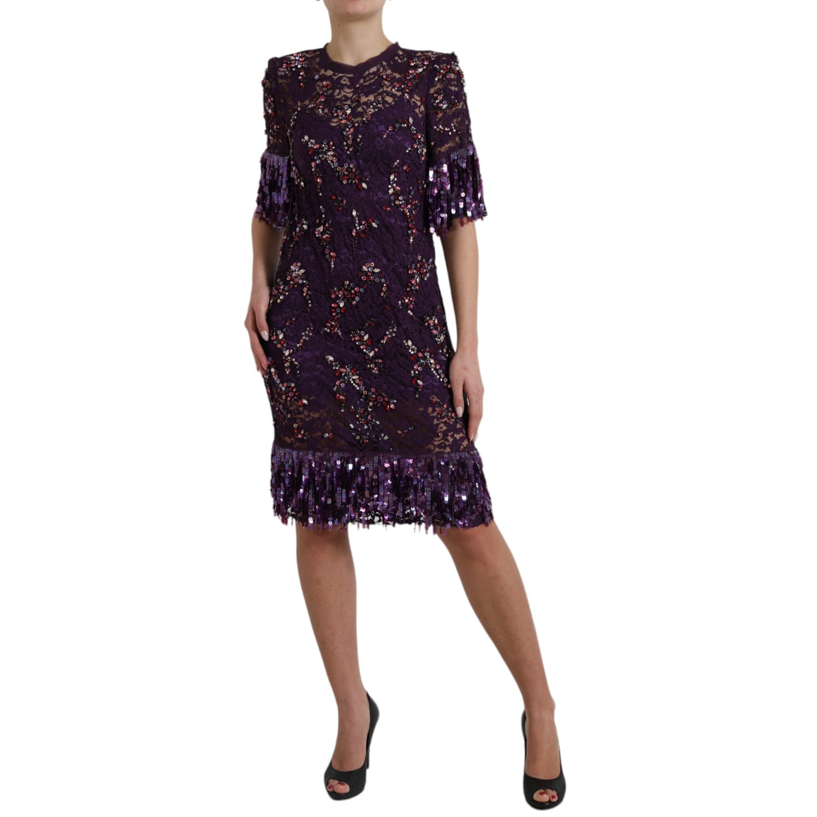 Elegant Purple Floral Lace Crystal Dress - ventzia