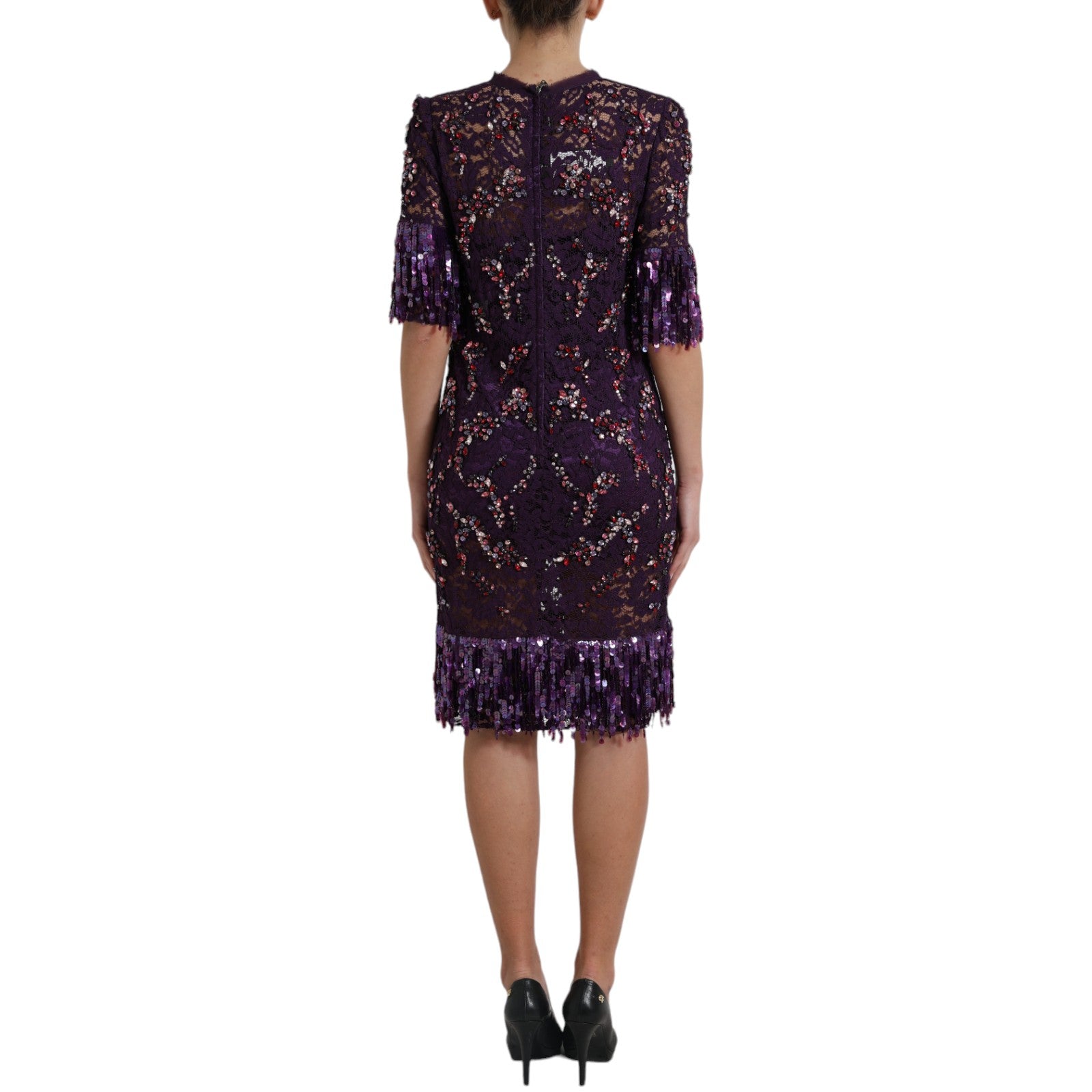 Elegant Purple Floral Lace Crystal Dress - ventzia