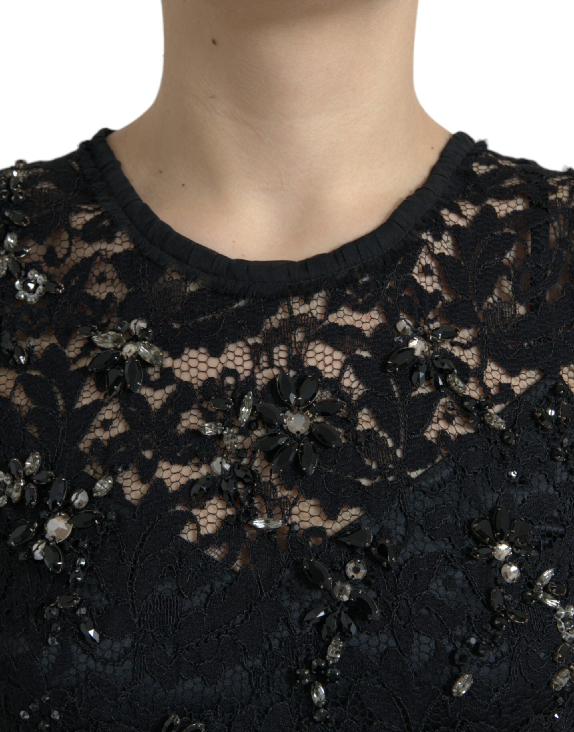 Exquisite Black Floral Lace Crystal Sheath Dress - ventzia