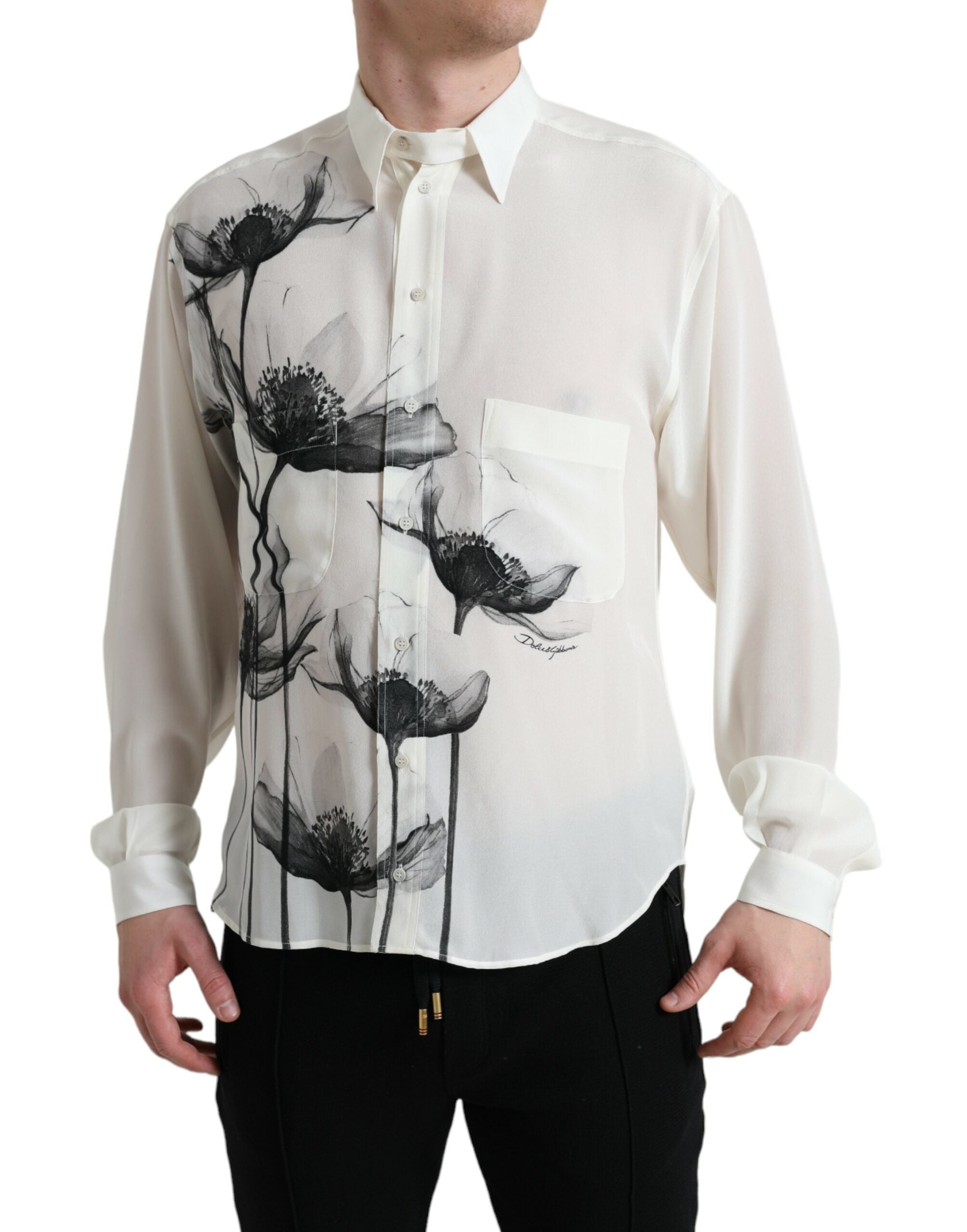White Floral Collared Dress Silk Shirt - ventzia
