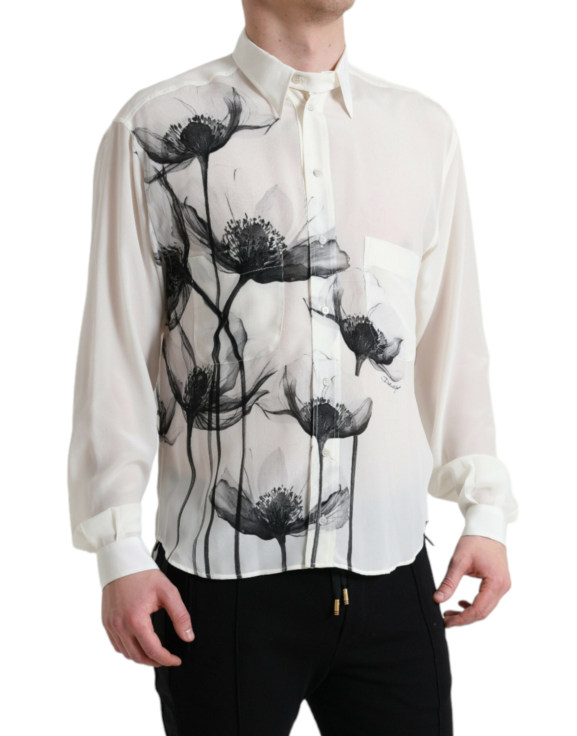 White Floral Collared Dress Silk Shirt - ventzia