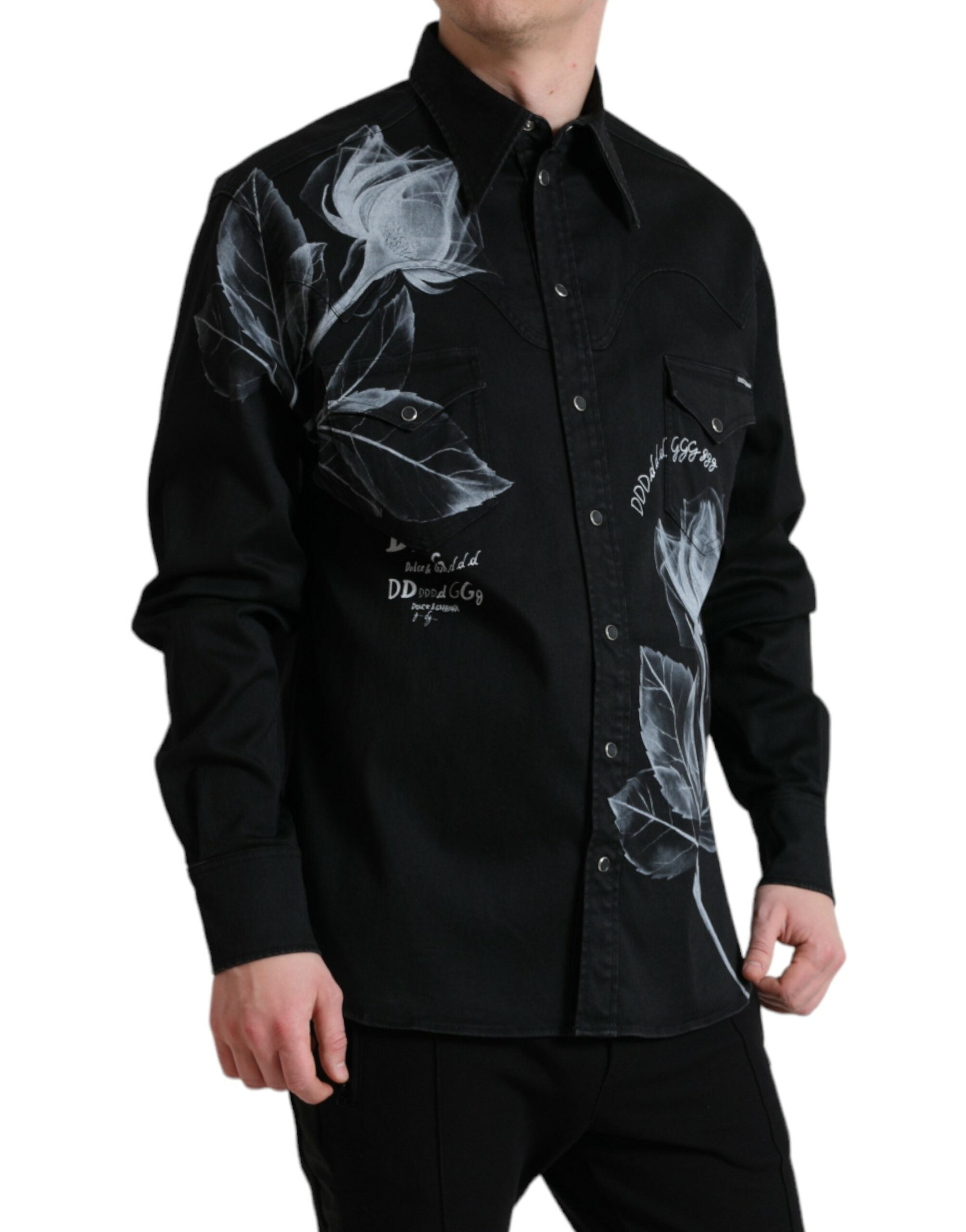 Black Floral Cotton Collared Dress Shirt - ventzia