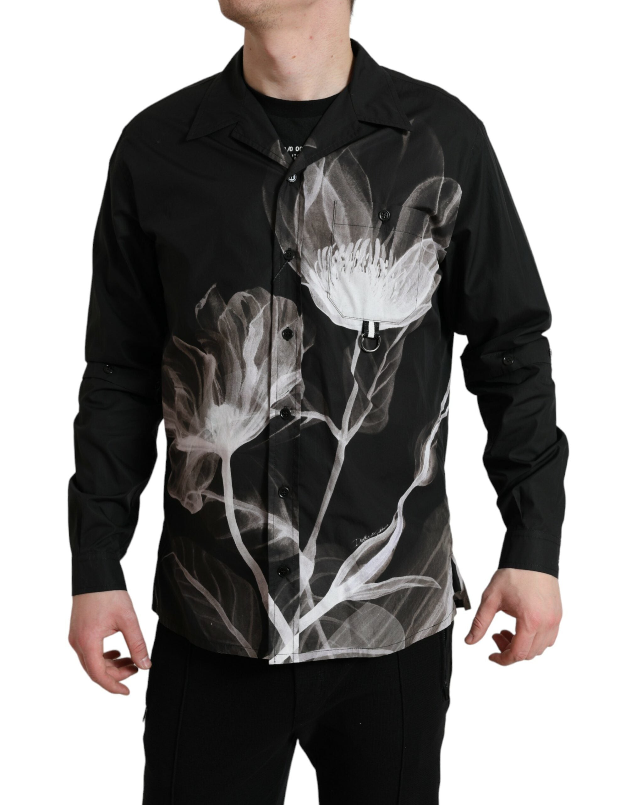 Black Floral Cotton Collared Long Sleeves Men Shirt - ventzia