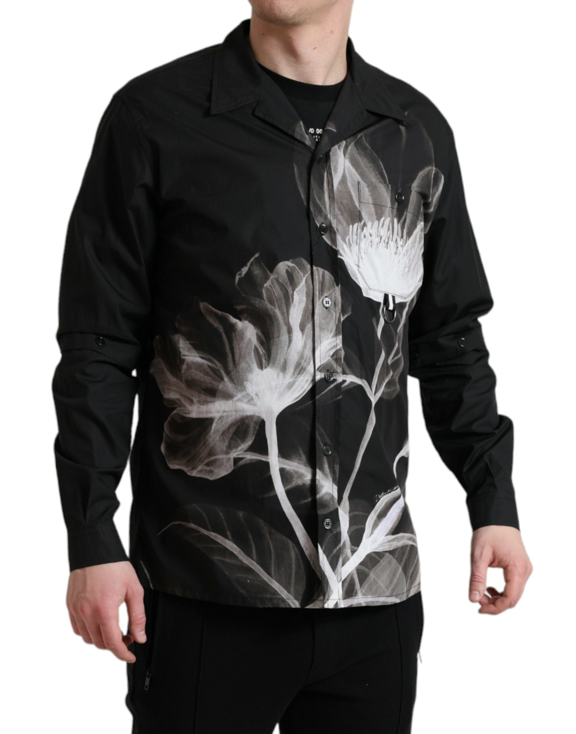 Black Floral Cotton Collared Long Sleeves Men Shirt - ventzia