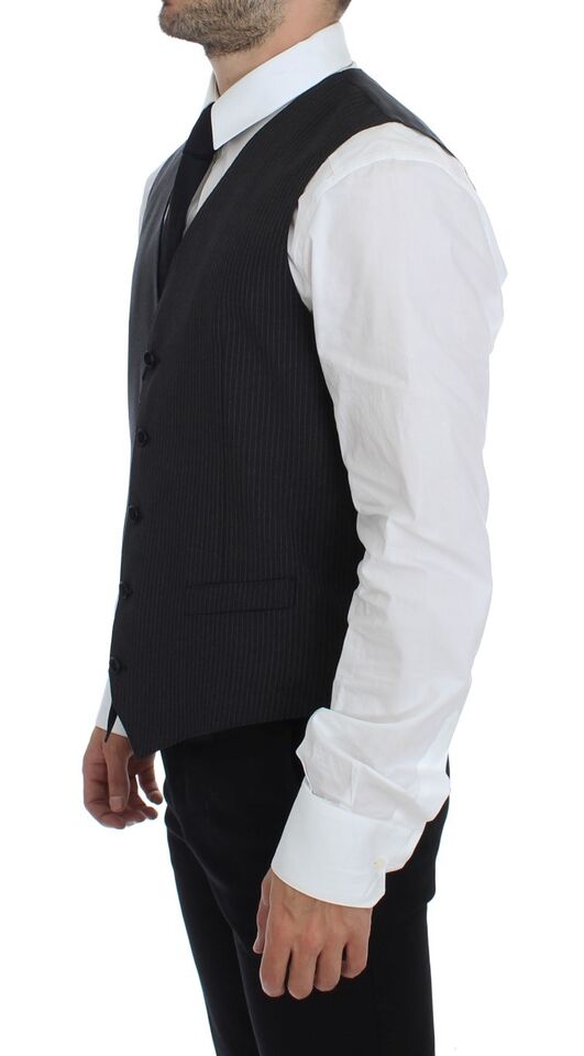 Elegant Gray Striped Dress Vest - ventzia