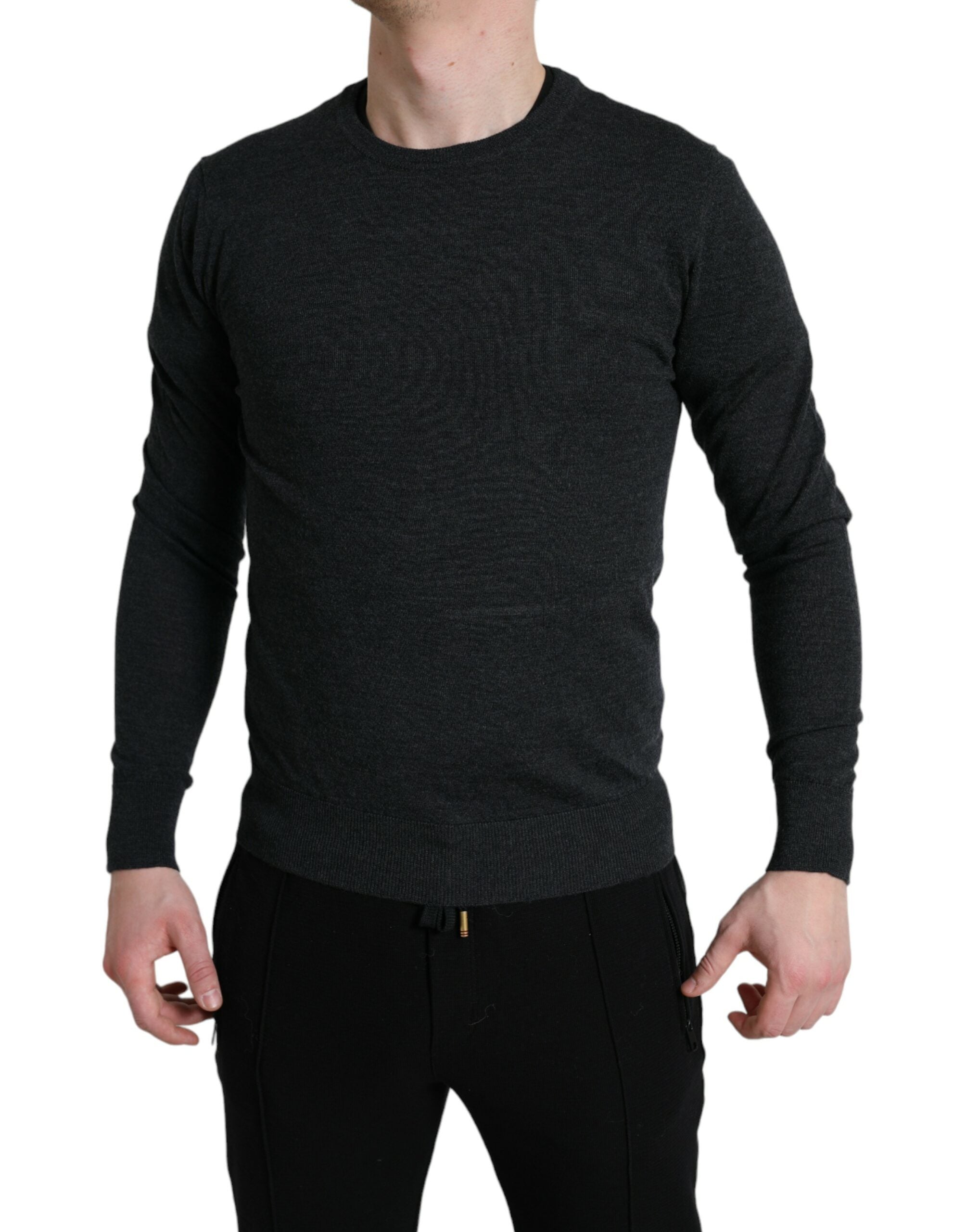 Gray Wool Round Neck Pullover Sweater - ventzia