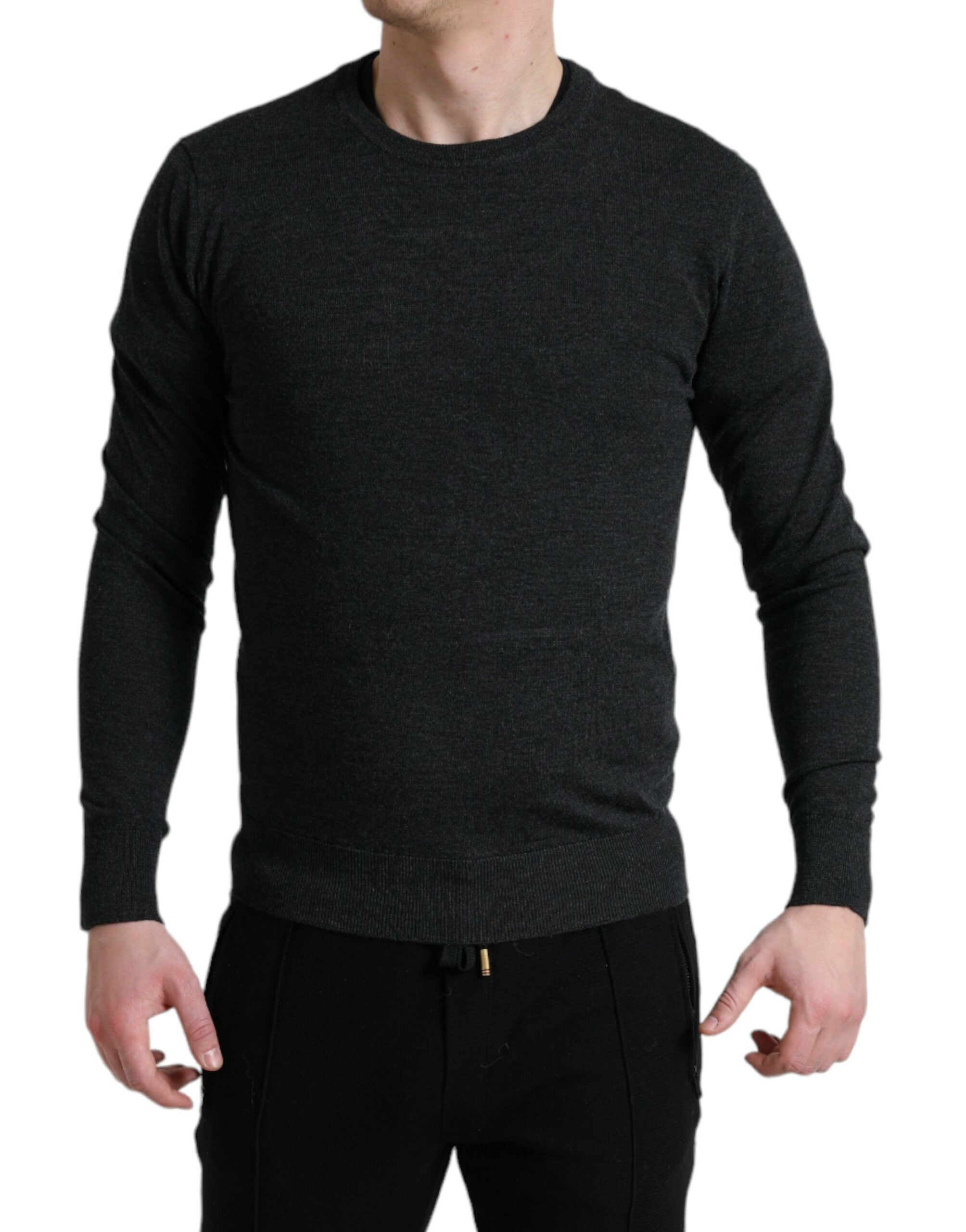 Gray Wool Round Neck Pullover Sweater - ventzia