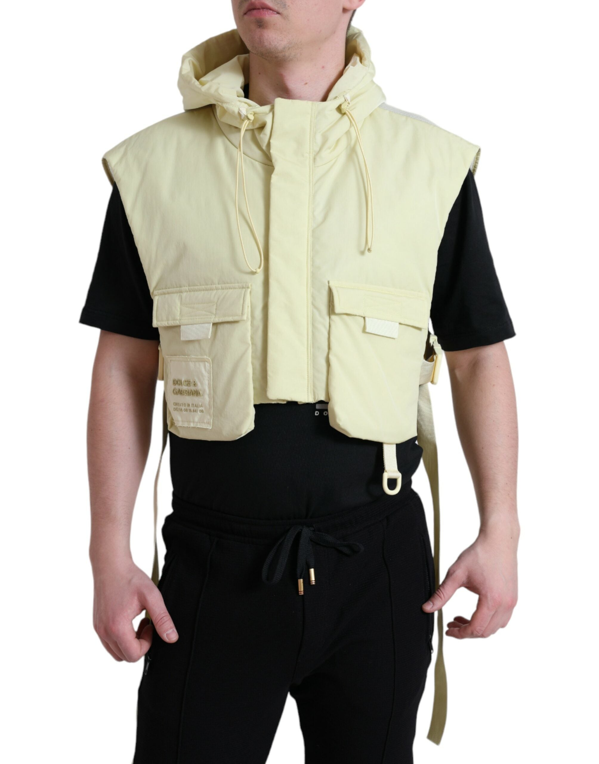Yellow Nylon Hooded Sportswear Vest Jacket - ventzia
