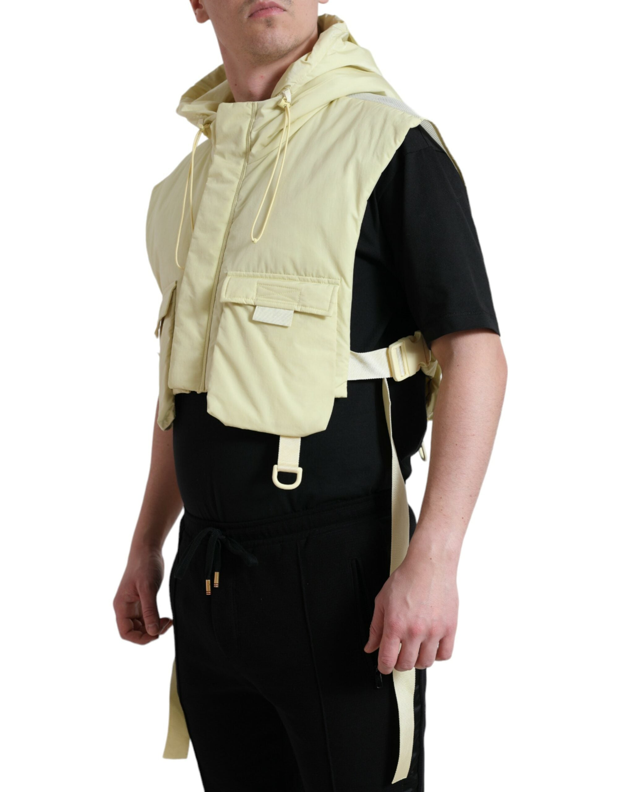 Yellow Nylon Hooded Sportswear Vest Jacket - ventzia