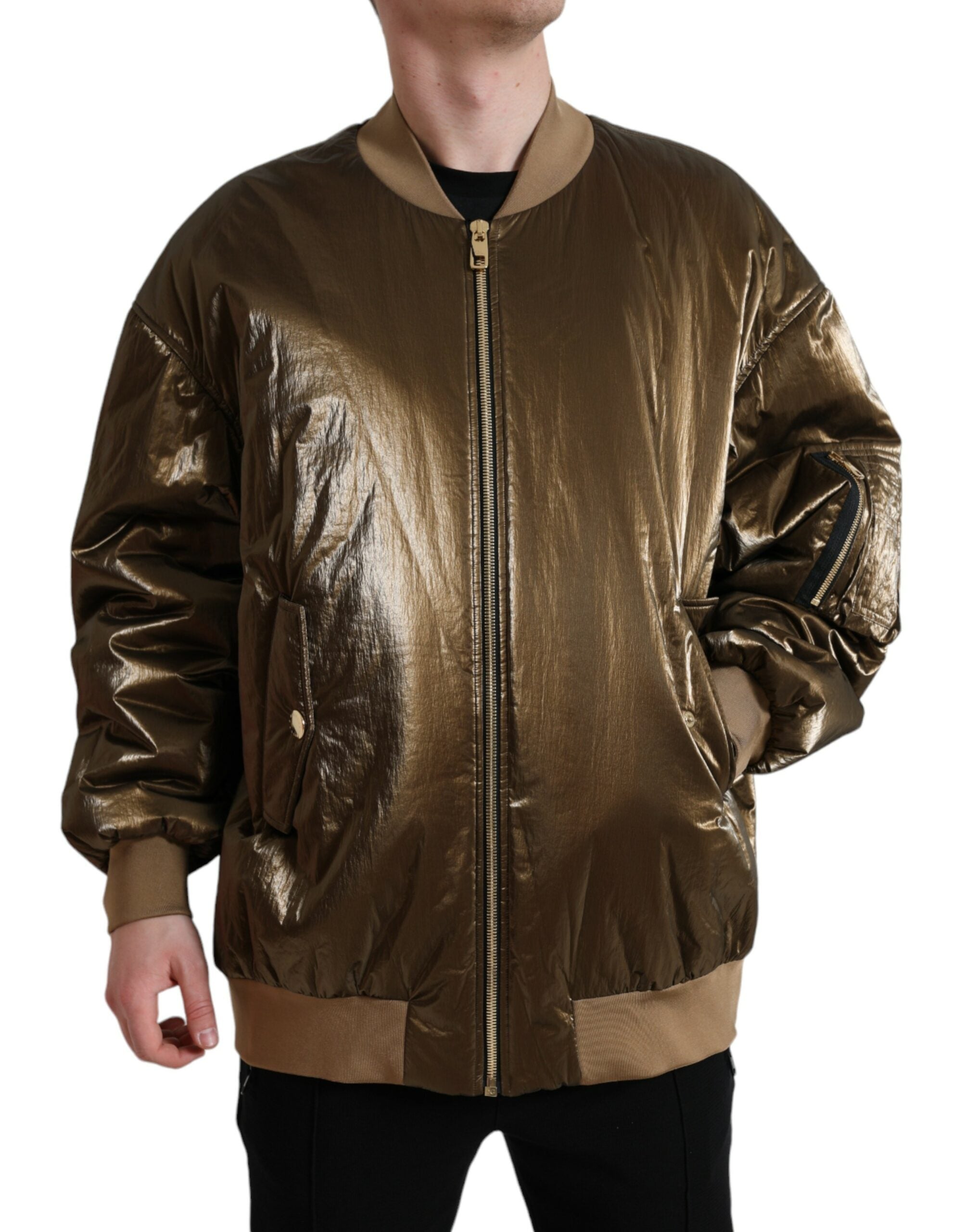 Bronze Nylon Full Zip Men Bomber Jacket - ventzia