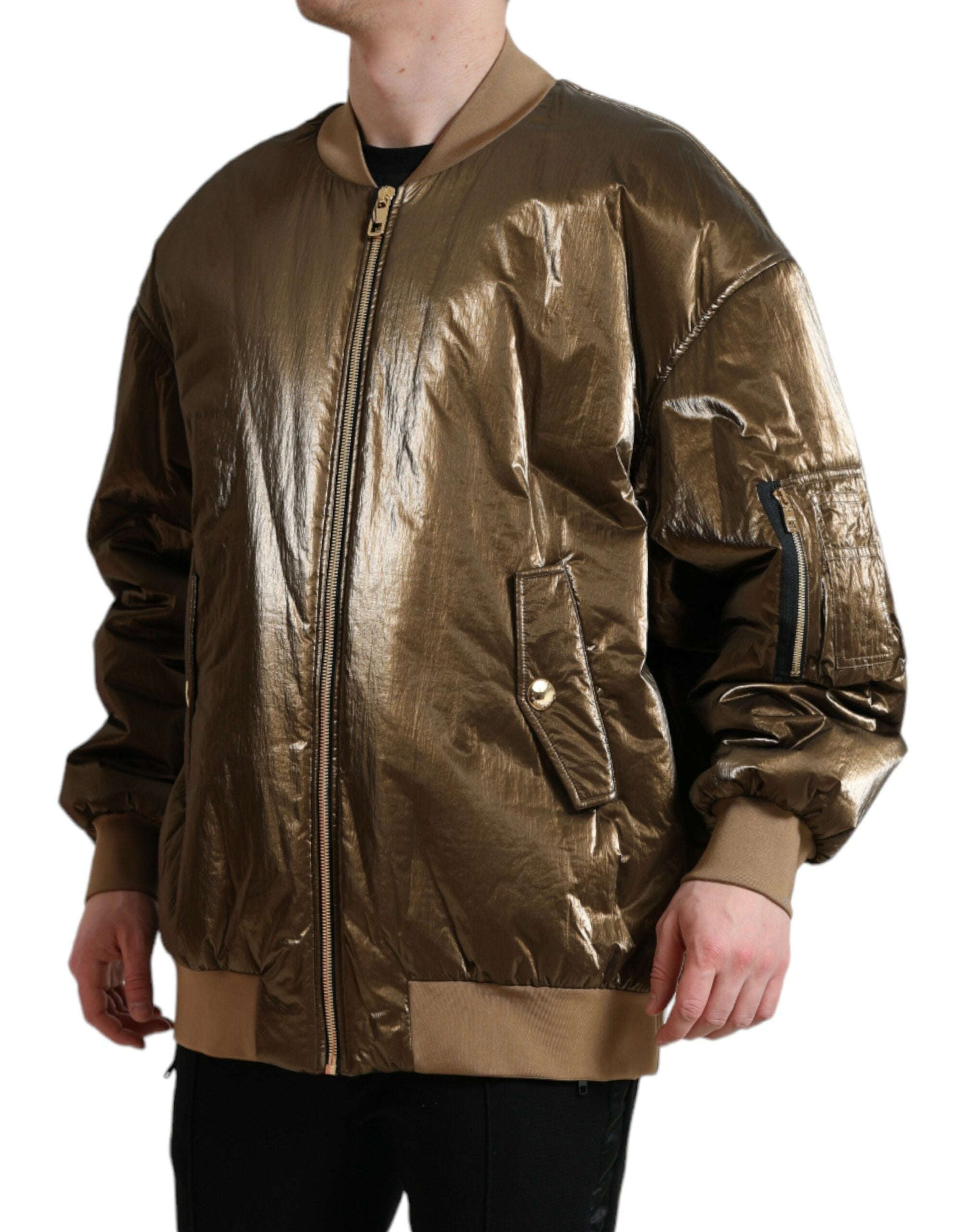 Bronze Nylon Full Zip Men Bomber Jacket - ventzia