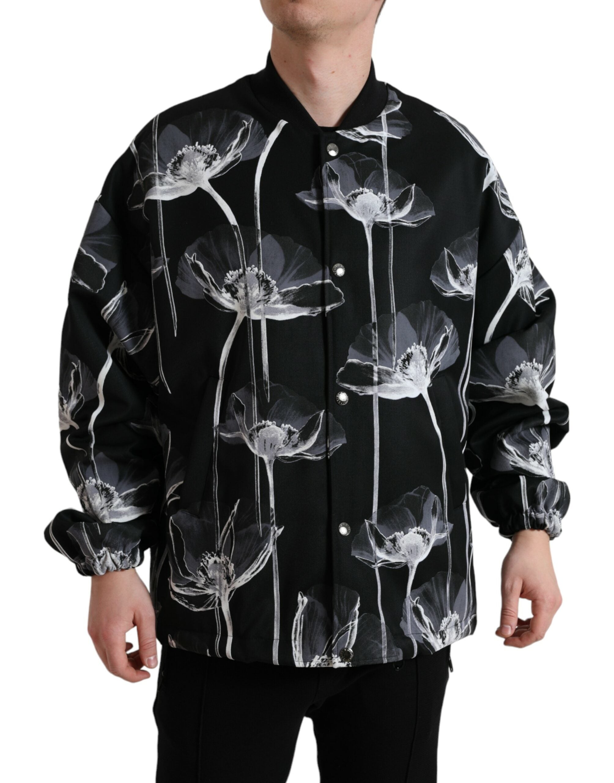 Black Floral Print Wool Button Down Bomber Jacket - ventzia